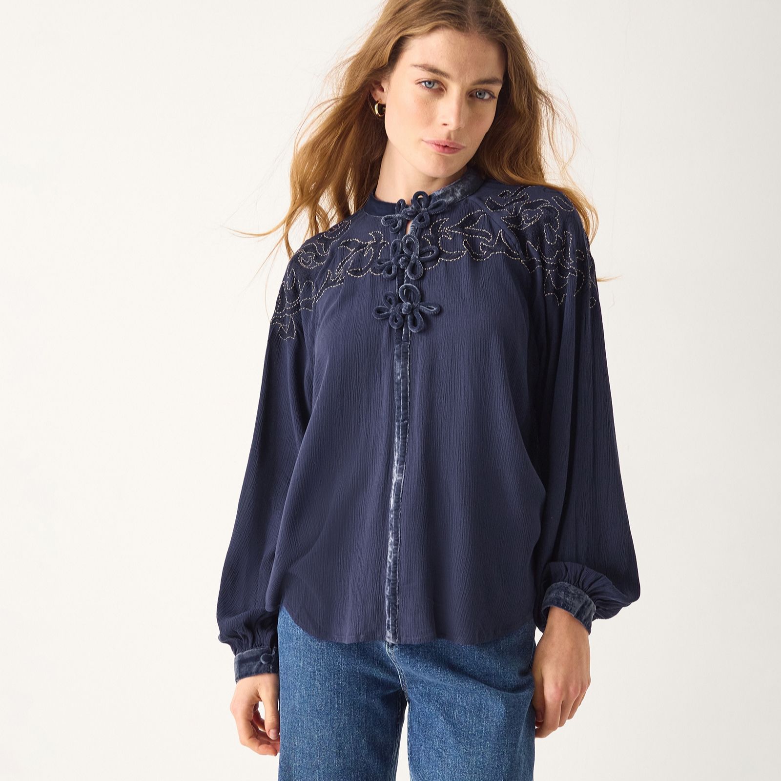 Monsoon Mallory Embroidered & Velvet Trim Blouse