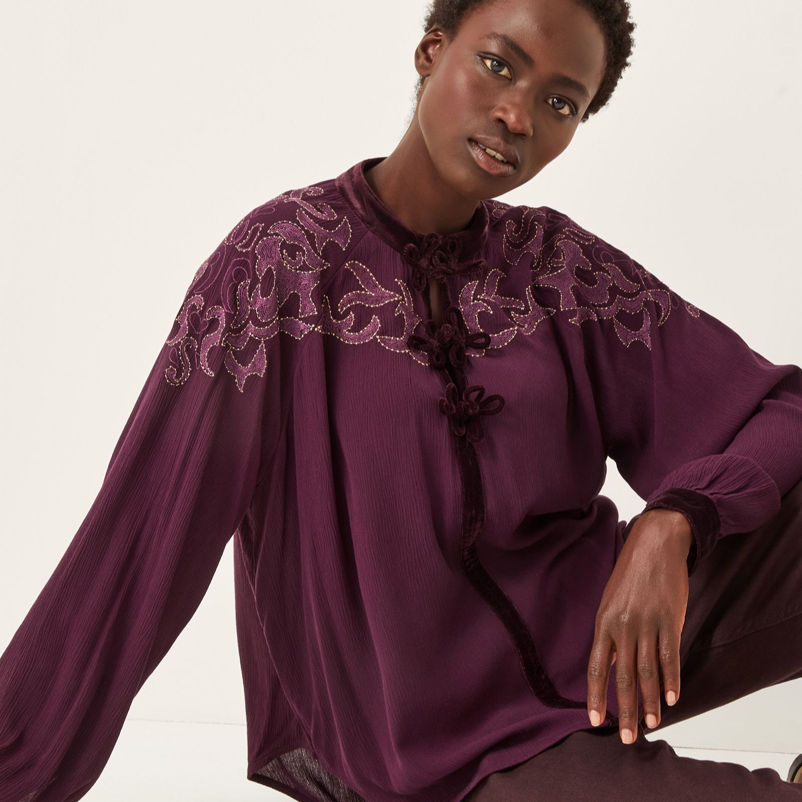 Monsoon Mallory Embroidered & Velvet Trim Blouse