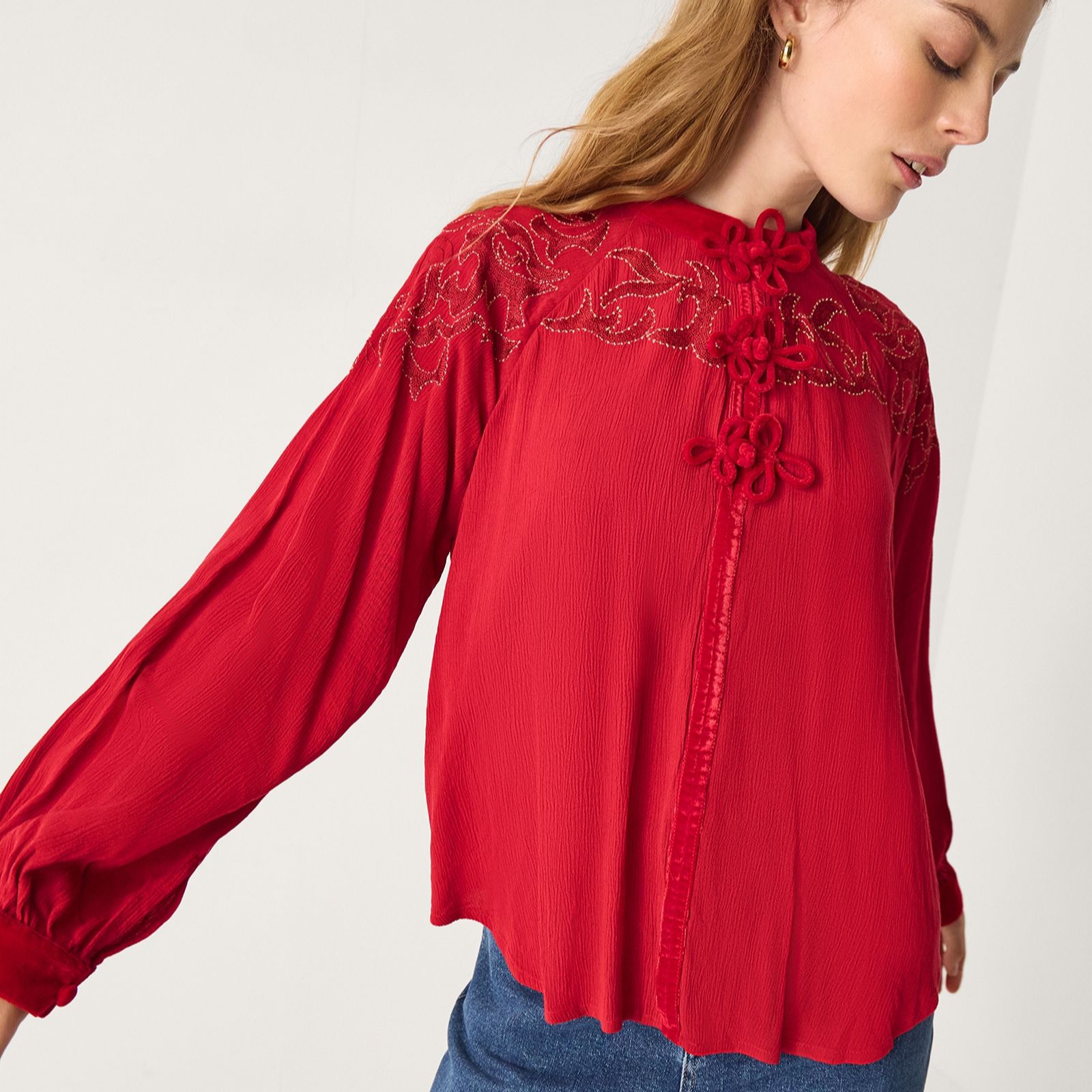 Monsoon Mallory Embroidered & Velvet Trim Blouse