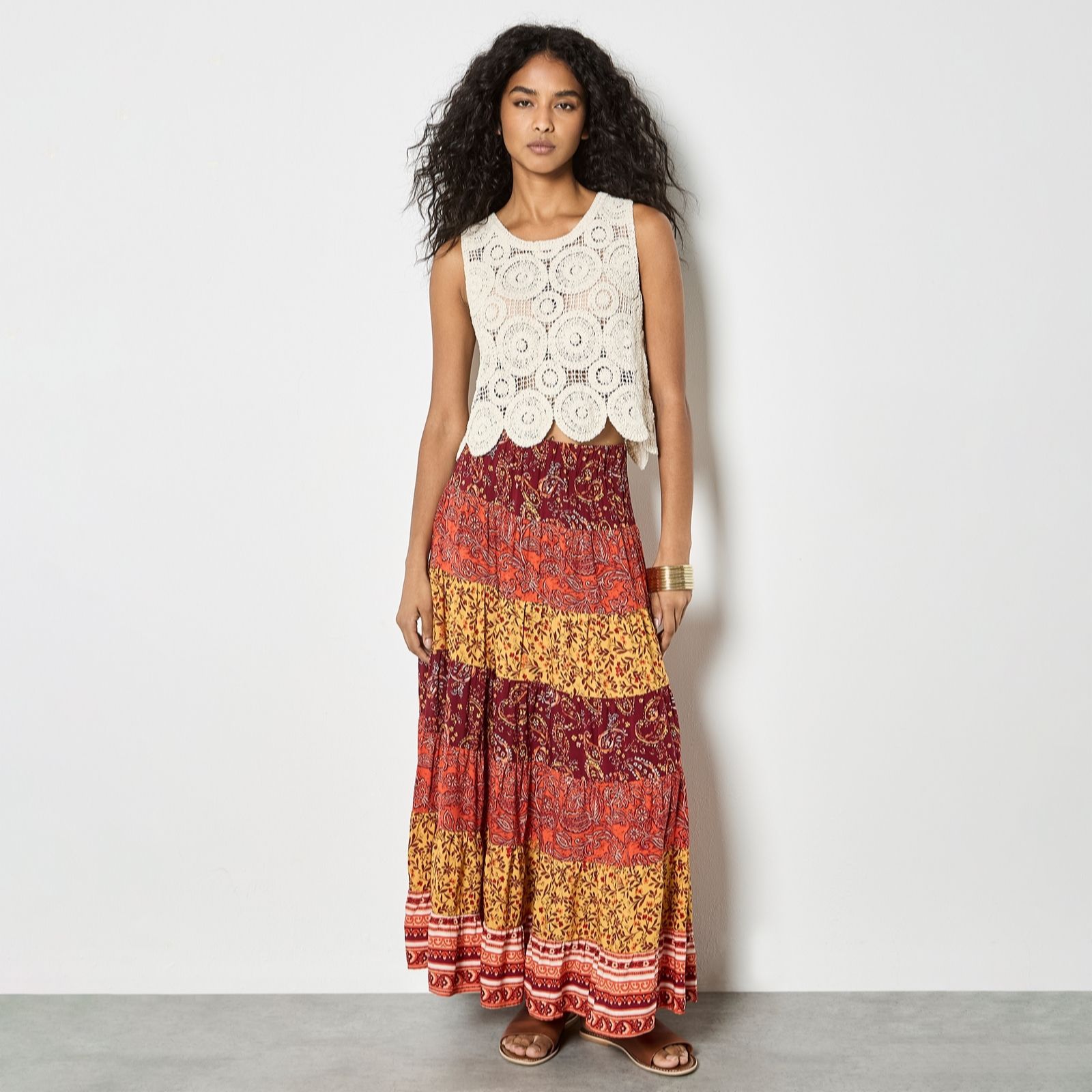 Apricot Multi Tier Patchwork Print Skirt