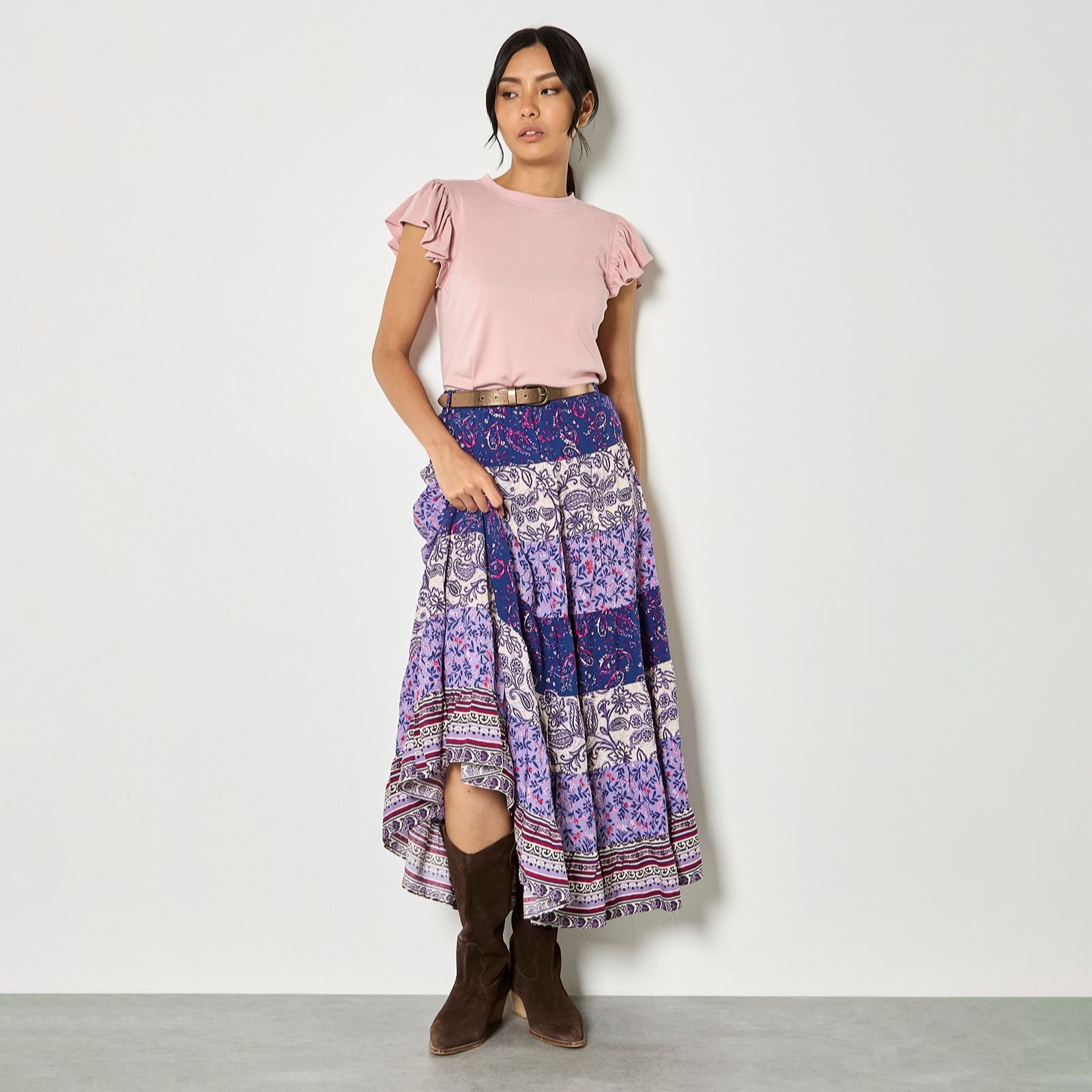 Apricot Multi Tier Patchwork Print Skirt