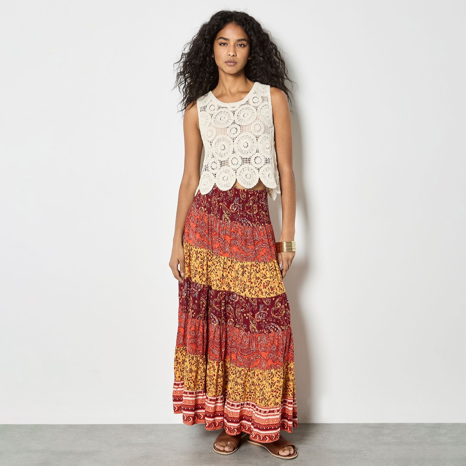 Apricot Multi Tier Patchwork Print Skirt