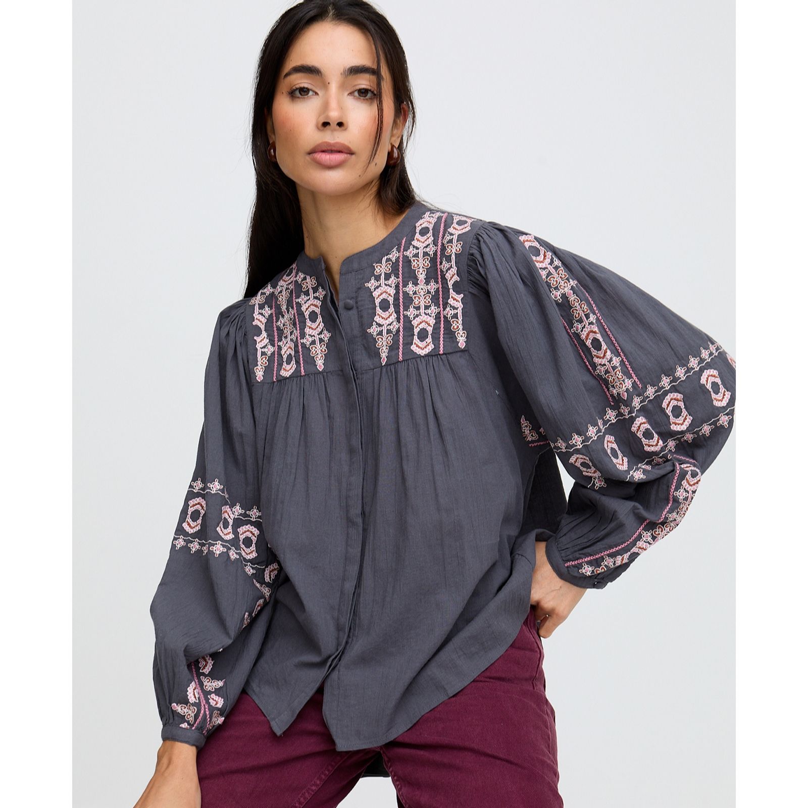 Raffya Demi Embroidered Ballon Sleeve Shirt
