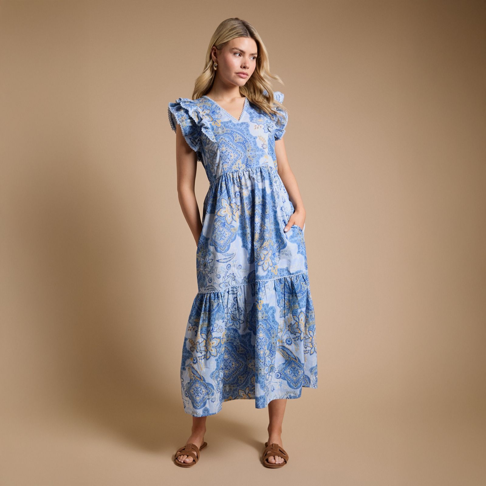 Dorothy Perkins Lace Trim V Neck Printed Poplin Midi Dress Standard