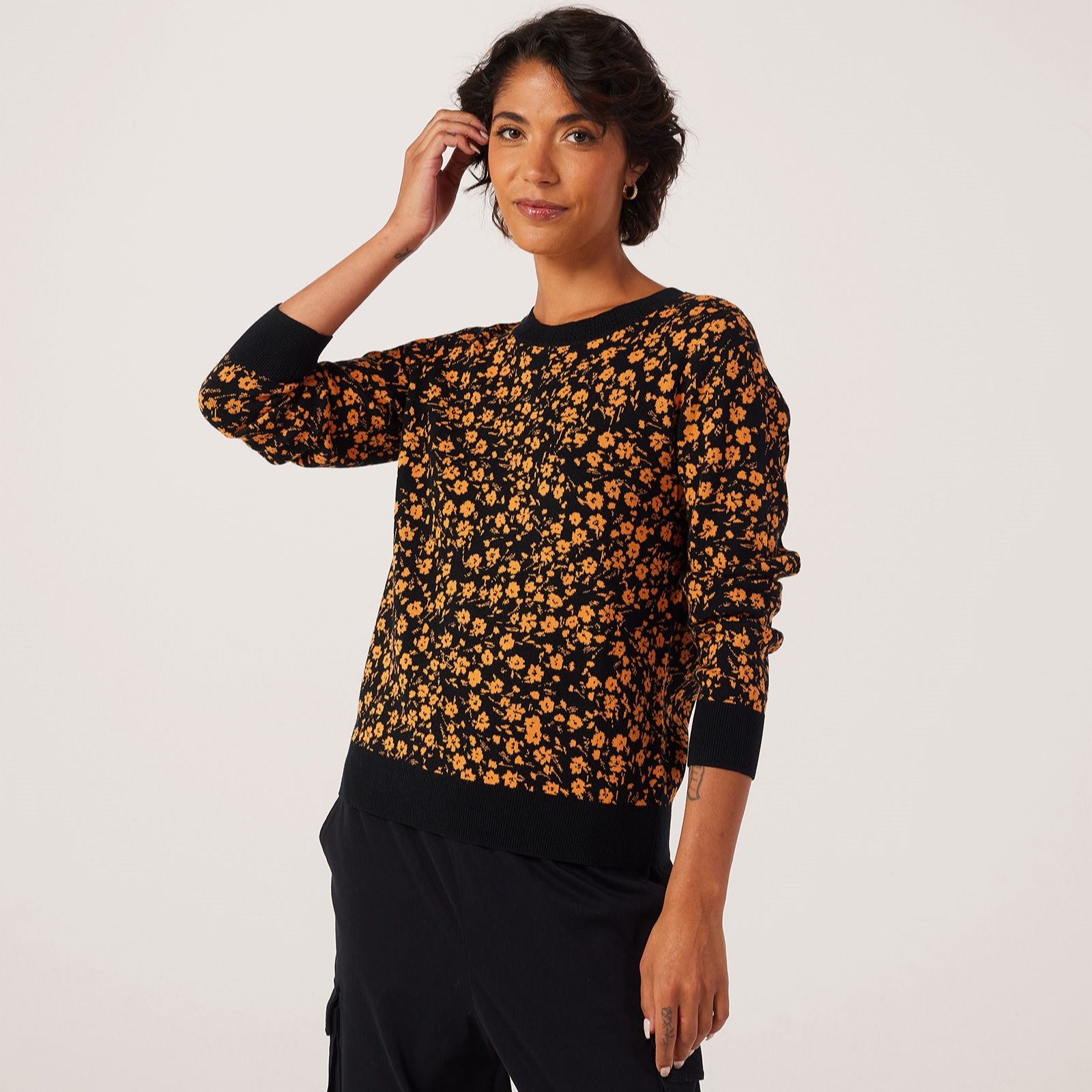 Denim & Co. Crew Neck Pattern Intarsia Jumper