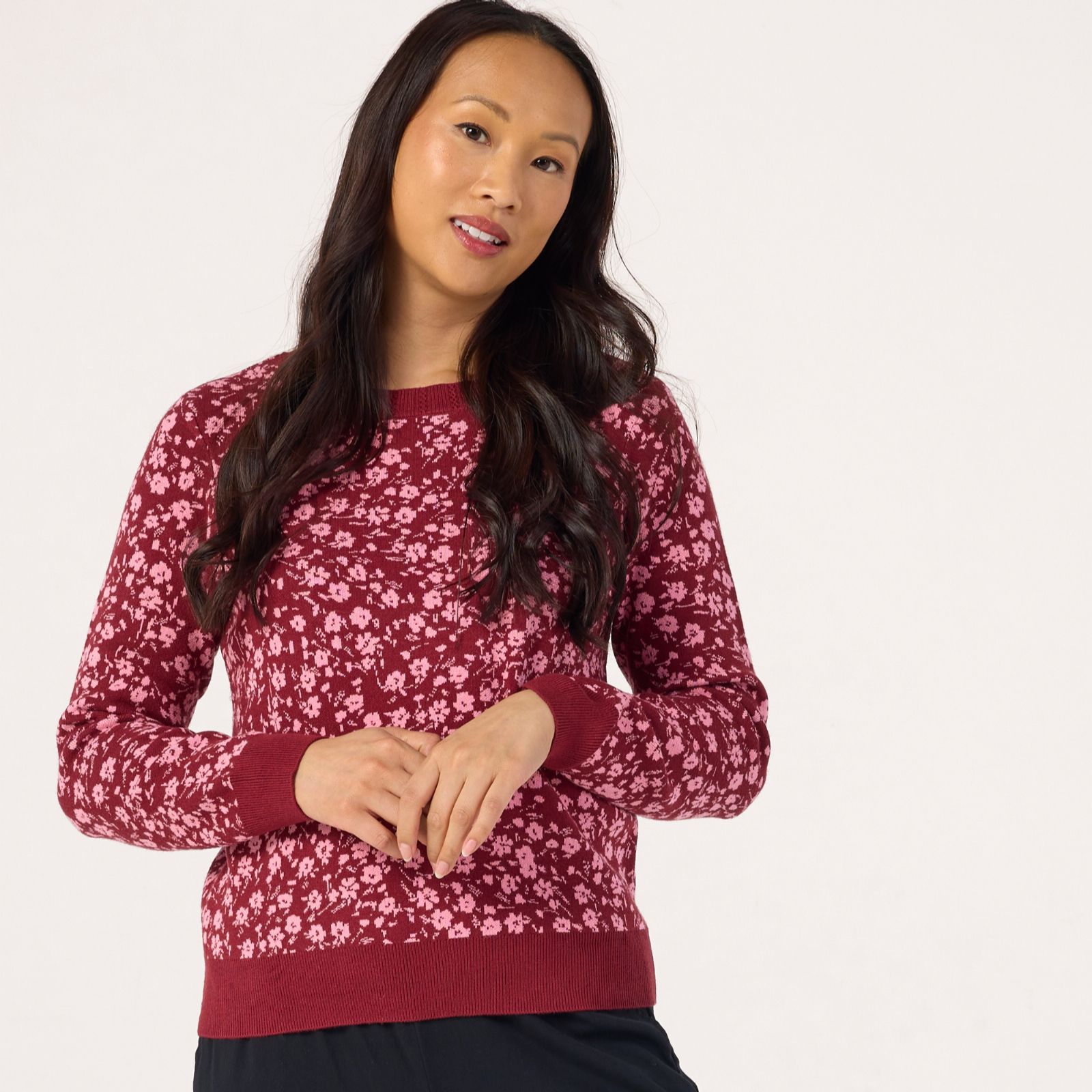 Denim & Co. Crew Neck Pattern Intarsia Jumper