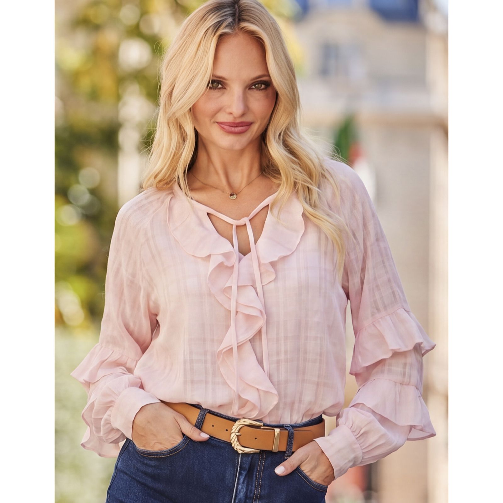 Sosandar Tie Detail Ruffle Jersey Blouse