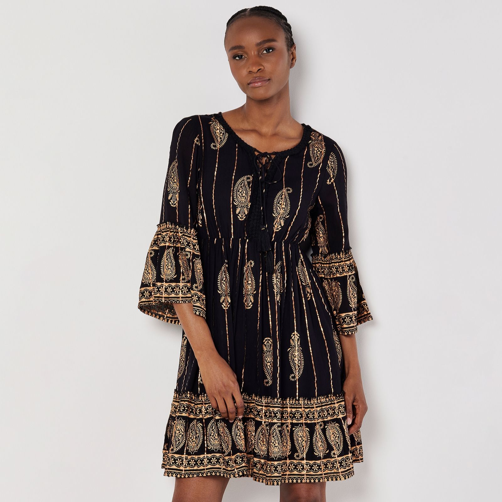 Apricot Bohemian Lurex Bell Sleeve Dress