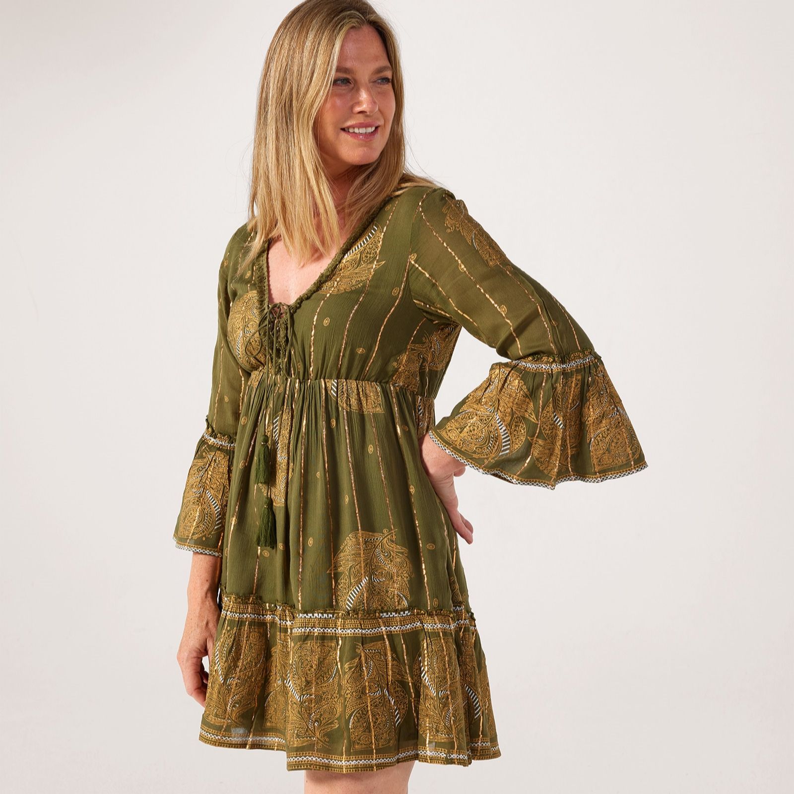 Apricot Bohemian Lurex Bell Sleeve Dress