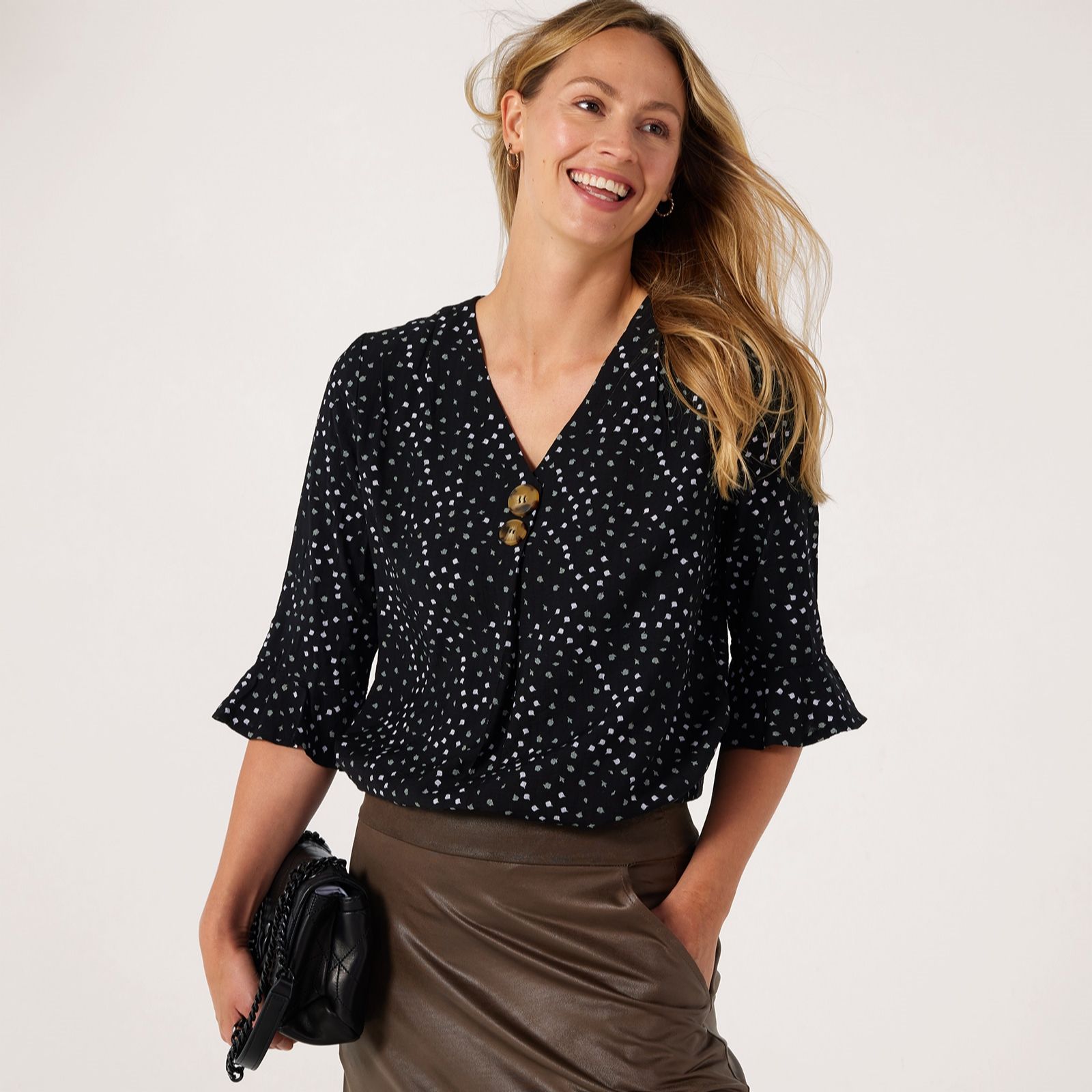 Izabel London Flare Sleeve Polka Dot Blouse