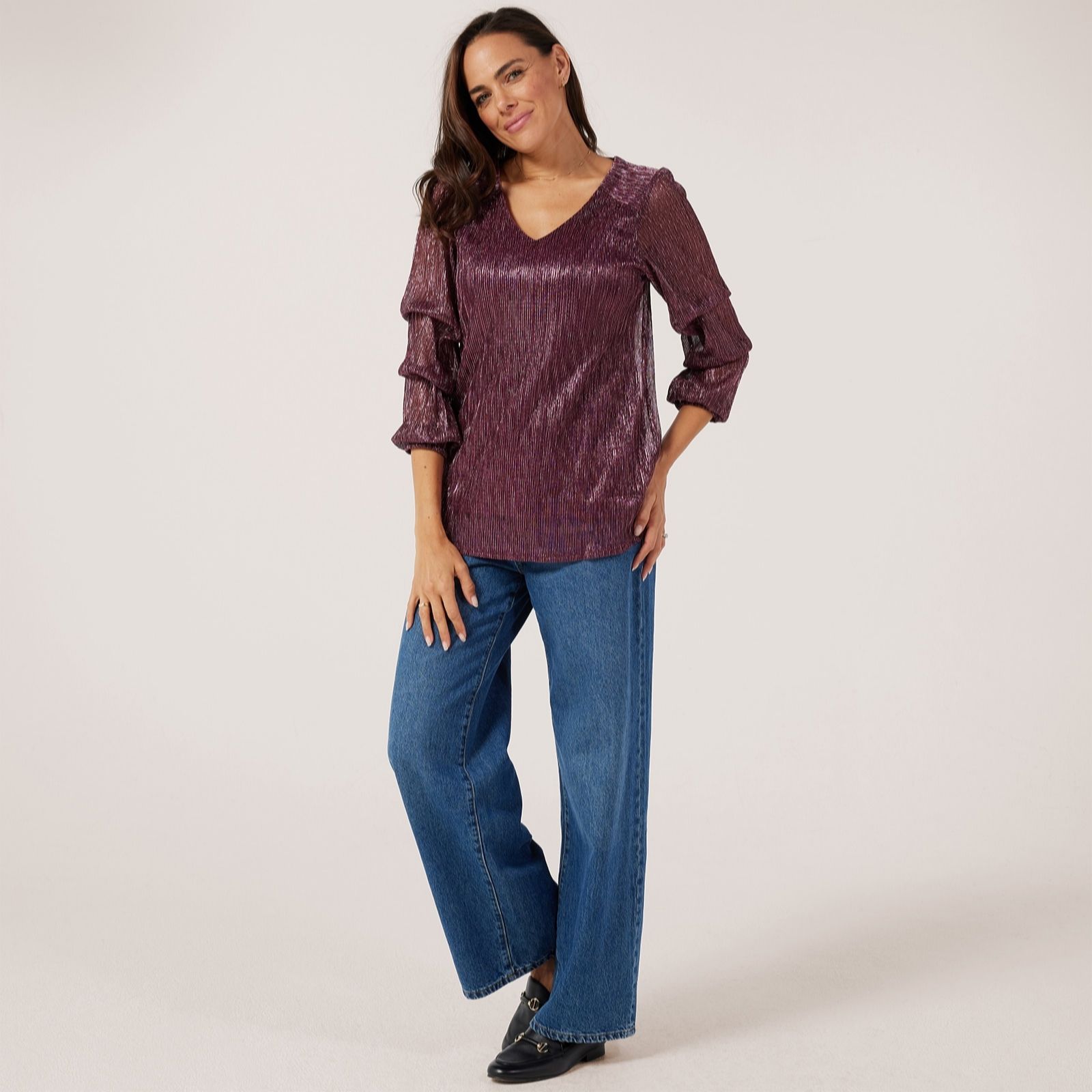 Nina Leonard 3/4 Pick-Up Sleeve Lurex Knit Tunic