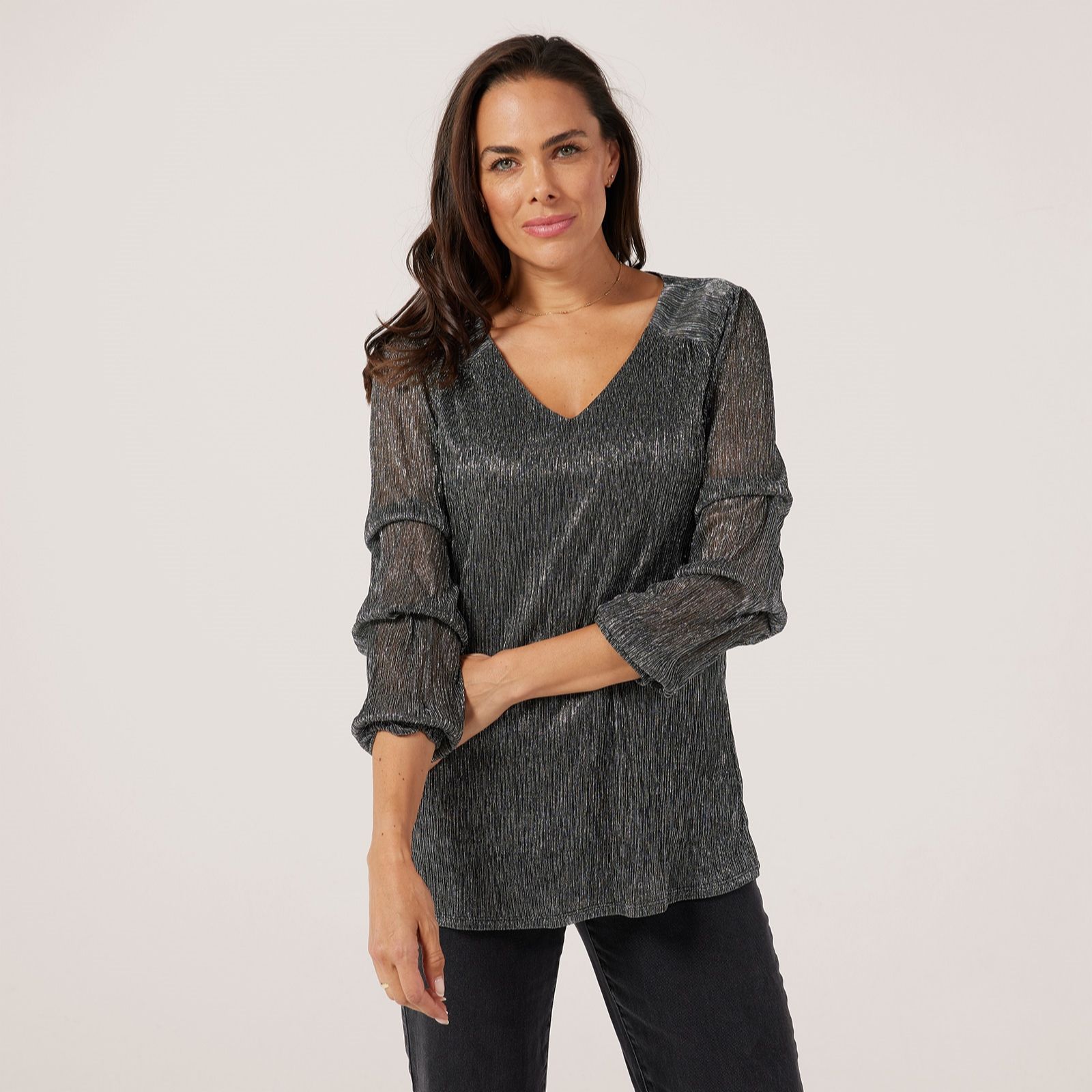 Nina Leonard 3/4 Pick-Up Sleeve Lurex Knit Tunic