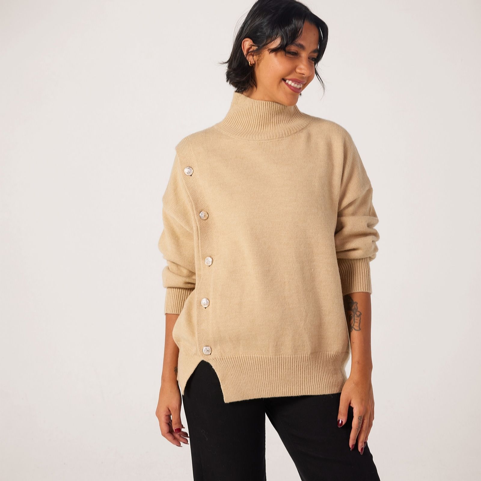 Izabel London Funnel Neck Button Detail Jumper