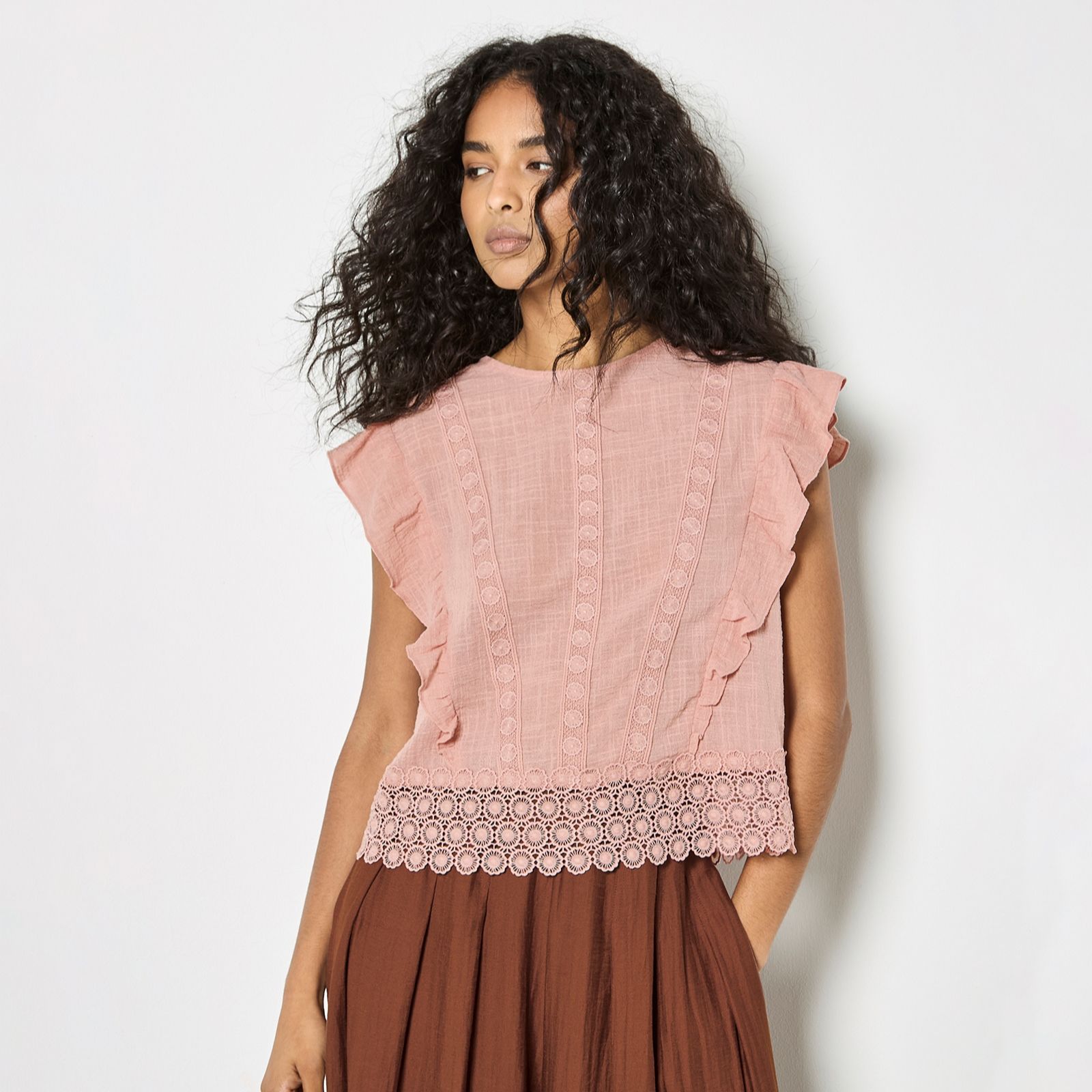 Apricot Lace Trim Frill Edge Top