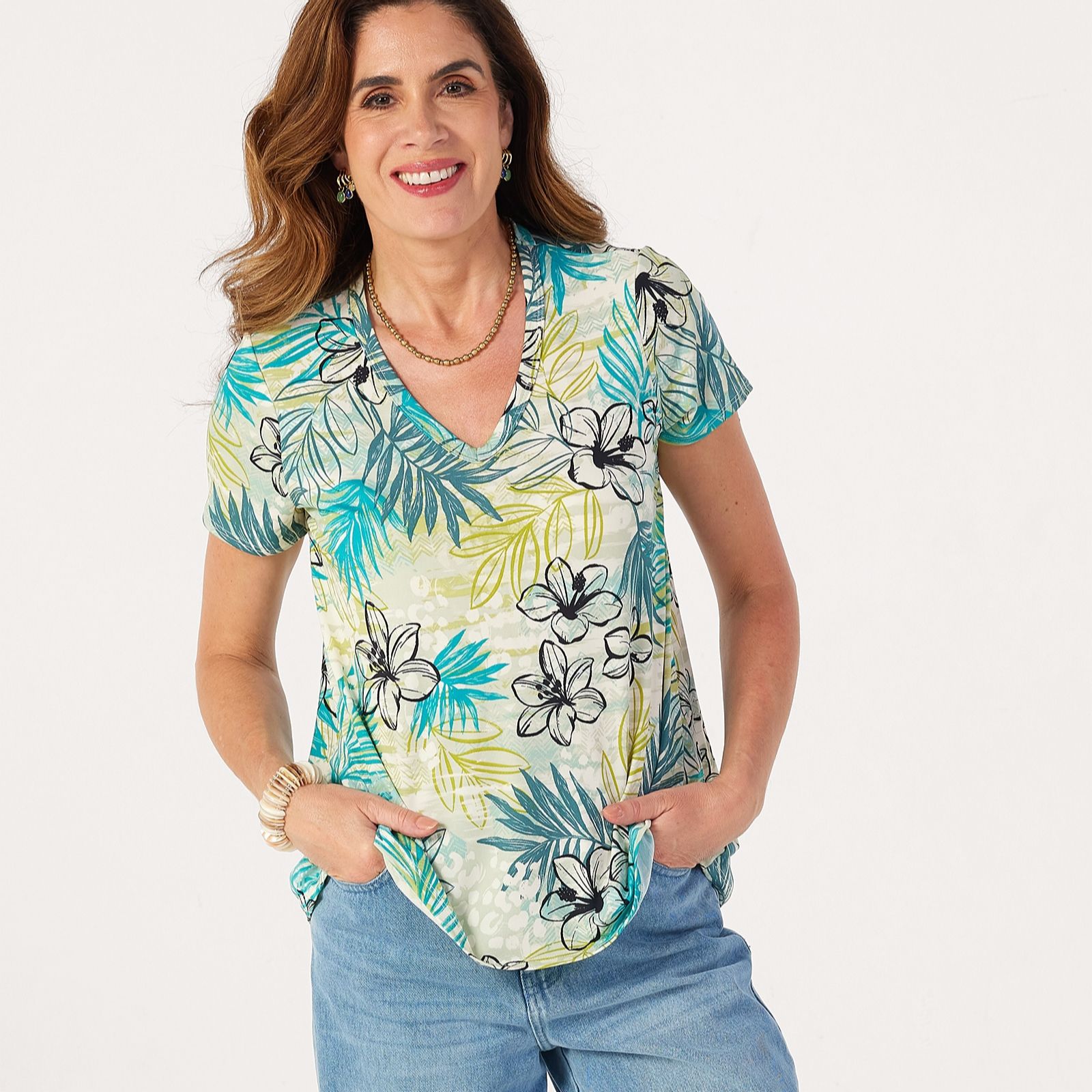 Kim & Co Printed Brazil Jersey Short Sleeve Relaxed V-Neck Top