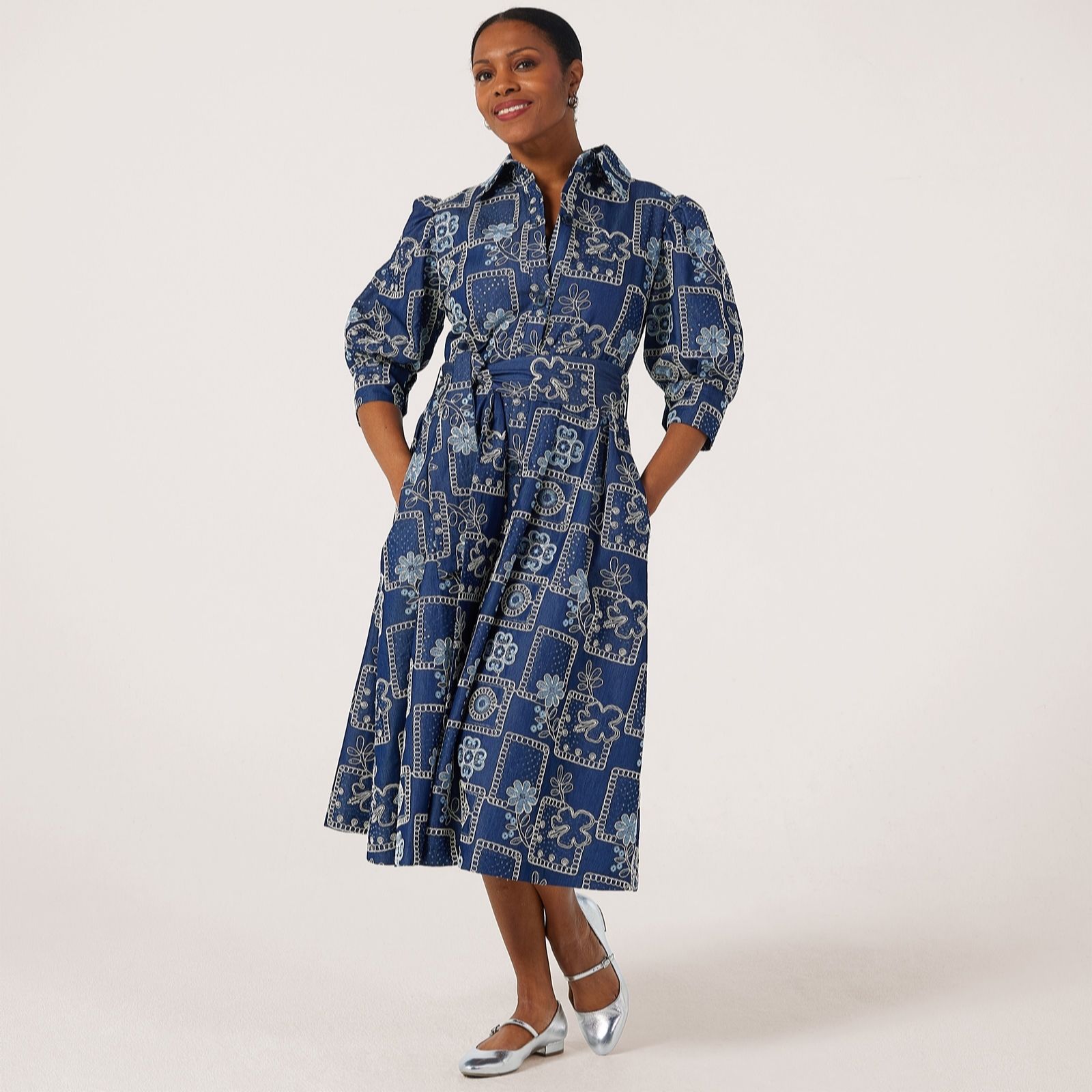 Helene Berman Embroidered Denim Shirt Dress with Puff Sleeve