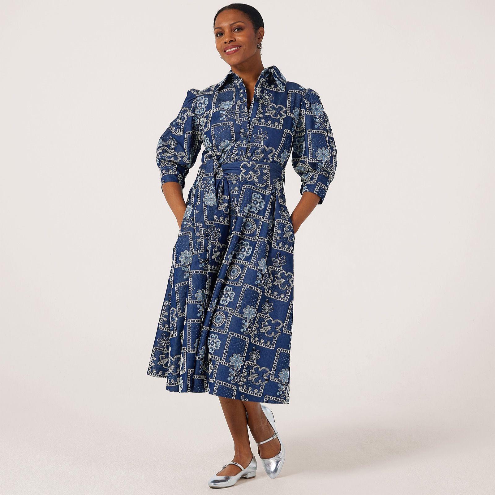 Helene Berman Embroidered Denim Shirt Dress with Puff Sleeve