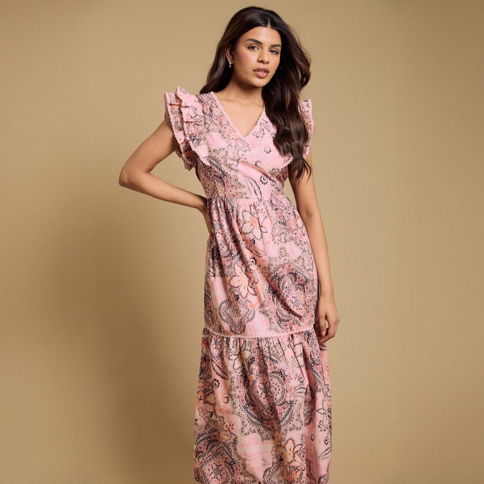 Dorothy Perkins Lace Trim V Neck Printed Poplin Midi Dress Petite