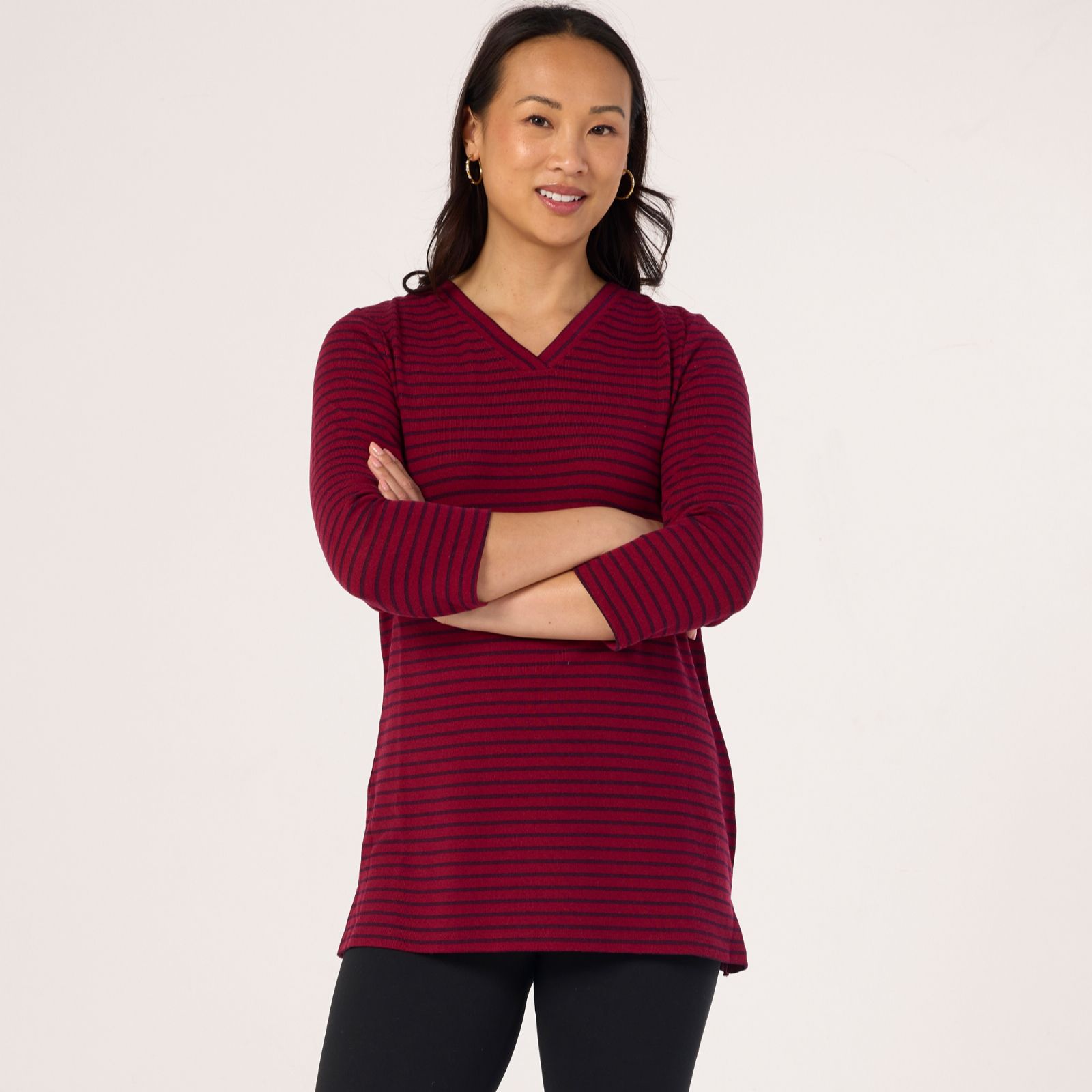 Denim & Co Heavenly Jersey Stripe V Neck 3/4 Sleeve Tunic
