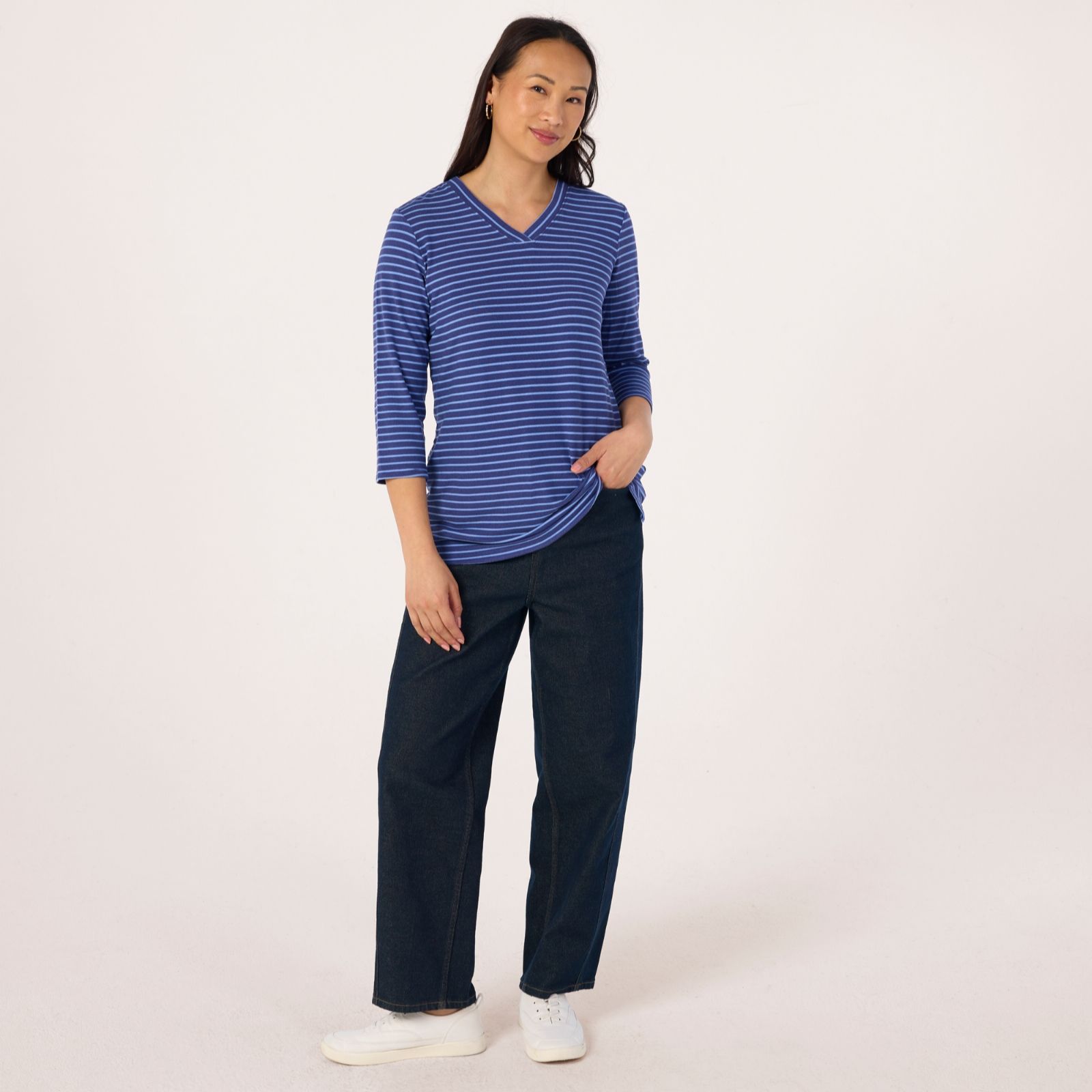 Denim & Co Heavenly Jersey Stripe V Neck 3/4 Sleeve Tunic