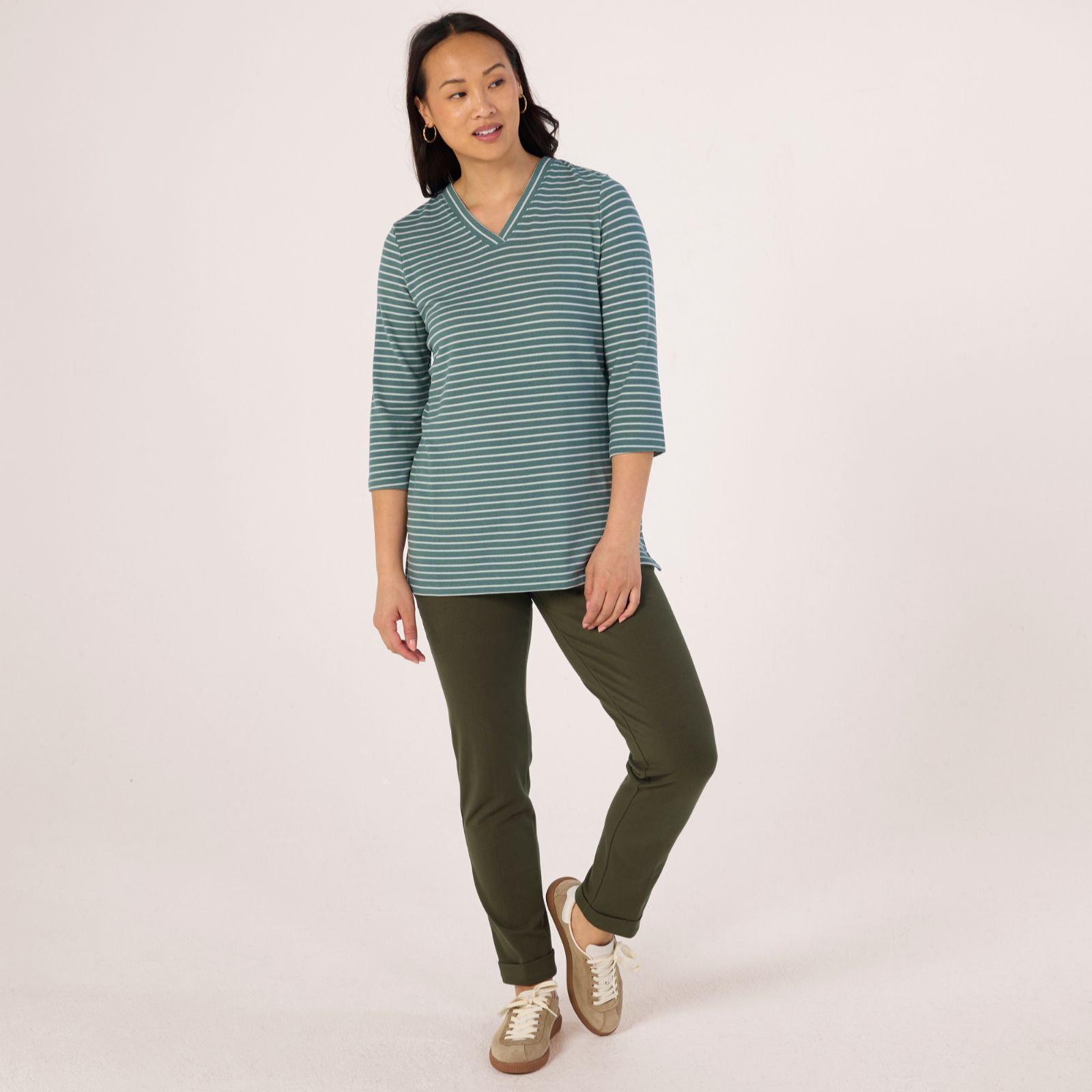 Denim & Co Heavenly Jersey Stripe V Neck 3/4 Sleeve Tunic