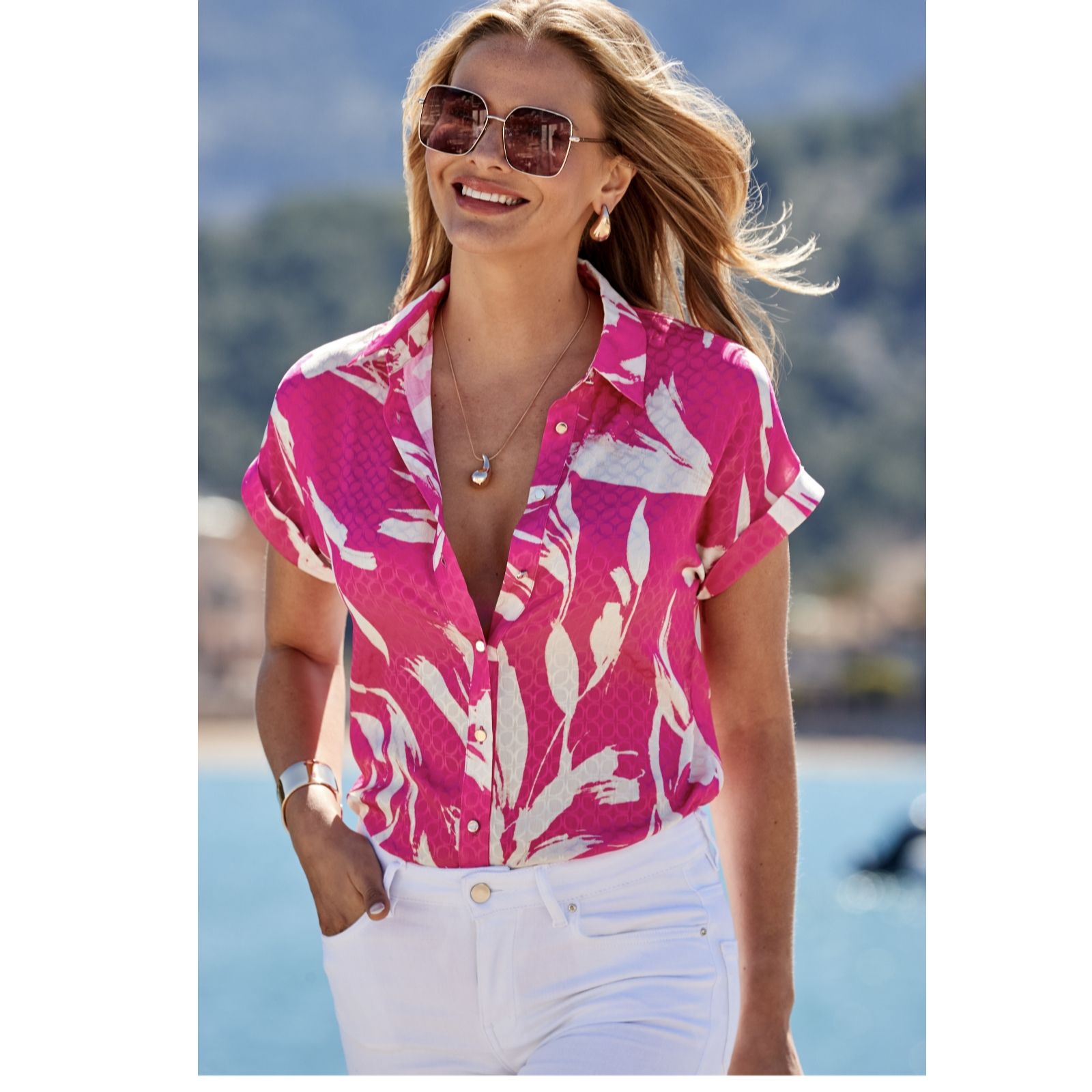 Sosandar Satin Jacquard Short Sleeve Shirt
