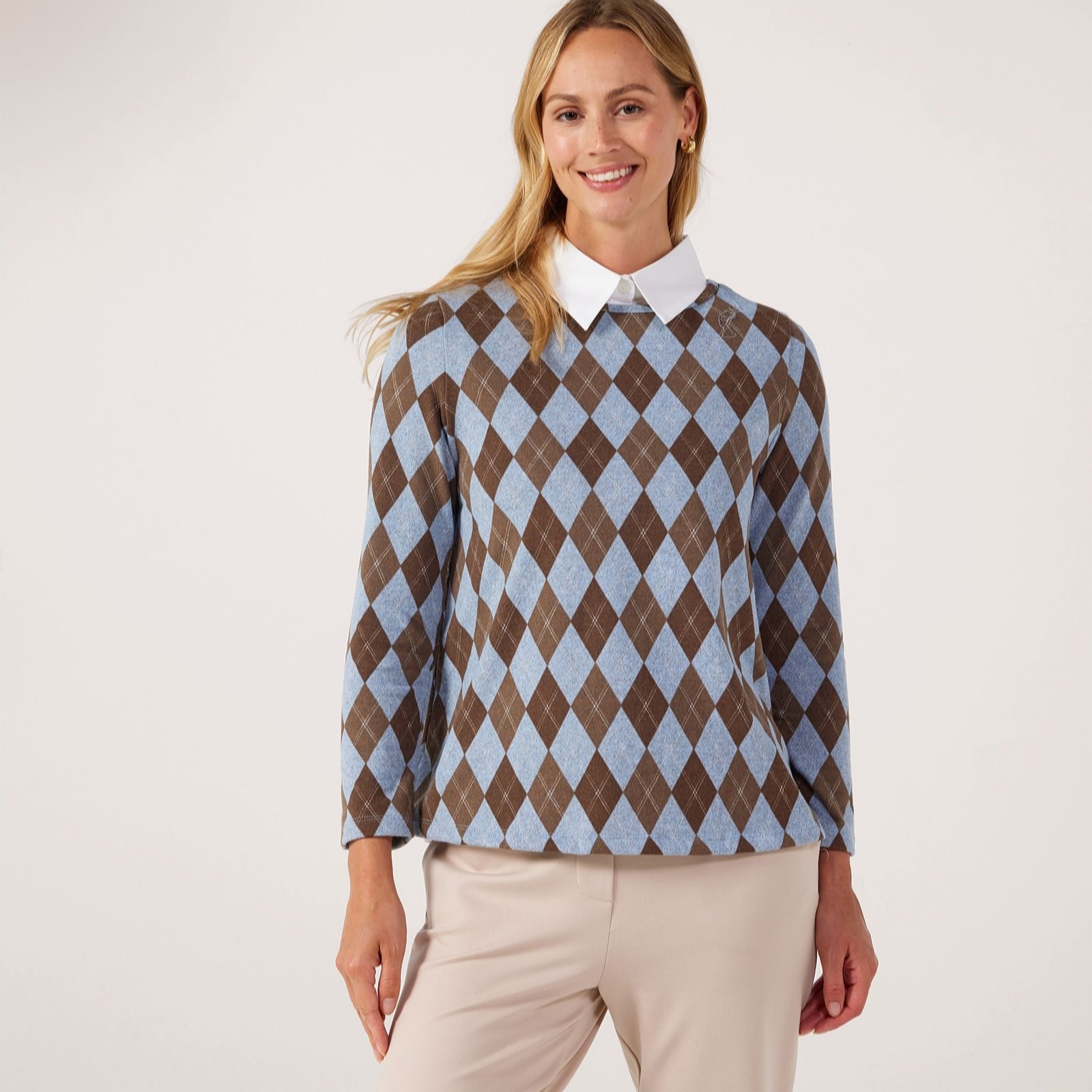 Kim & Co Printed Soft Touch Argyle Long Sleeve Top