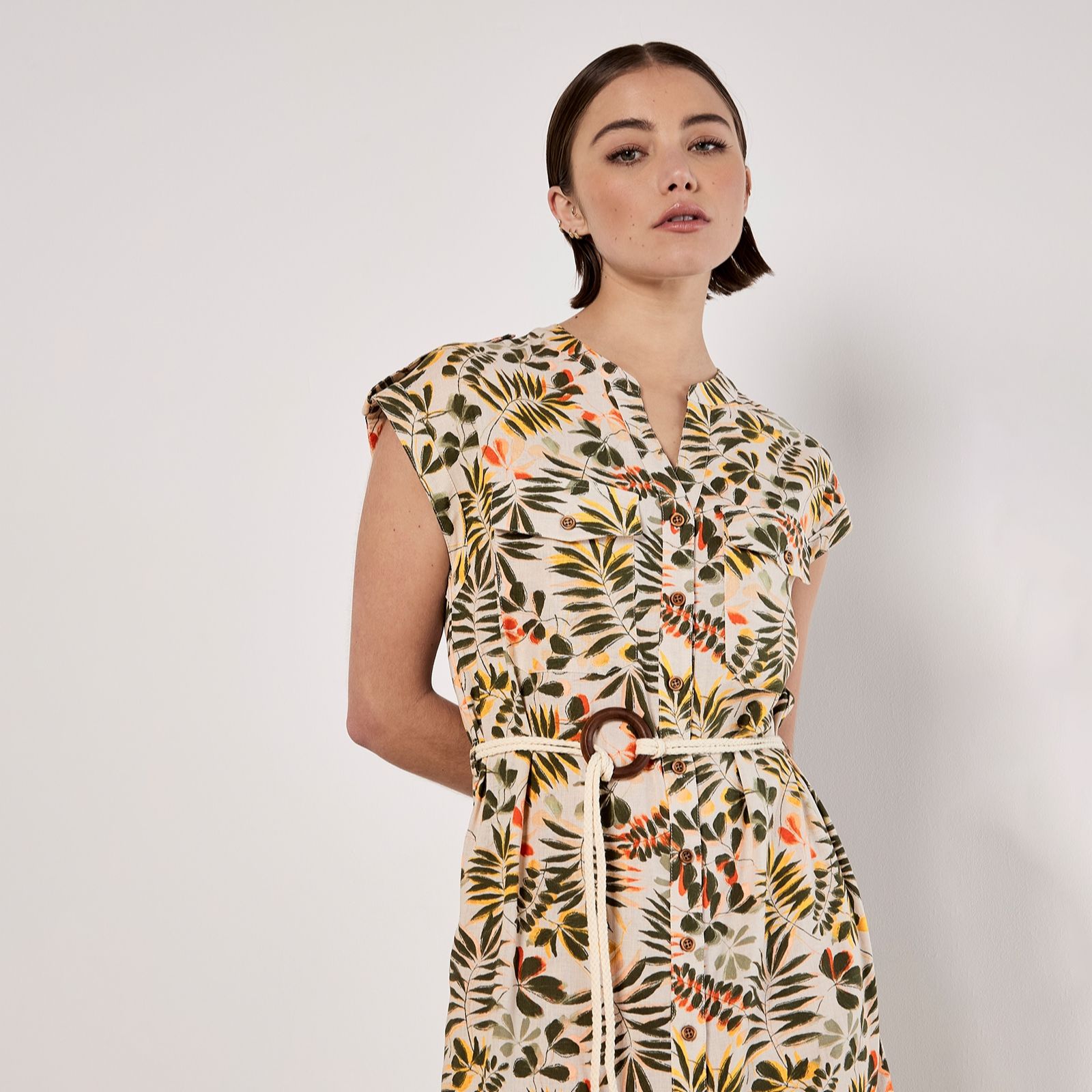 Apricot Belted Leaf Print Shirt Dress
