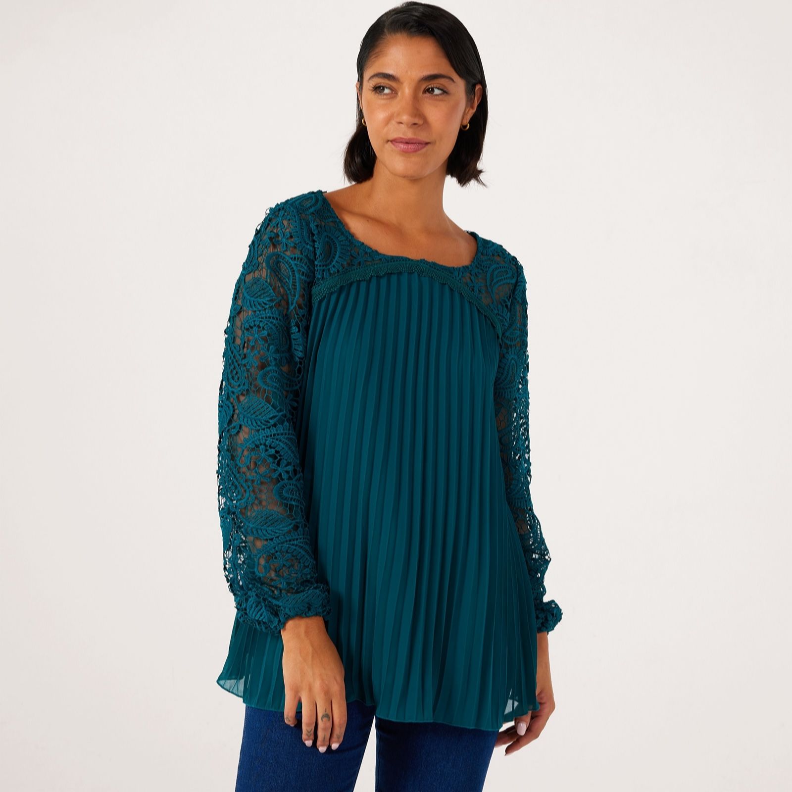Nina Leonard Pleat Chiffon Tunic with Lace Yoke and Sleeves