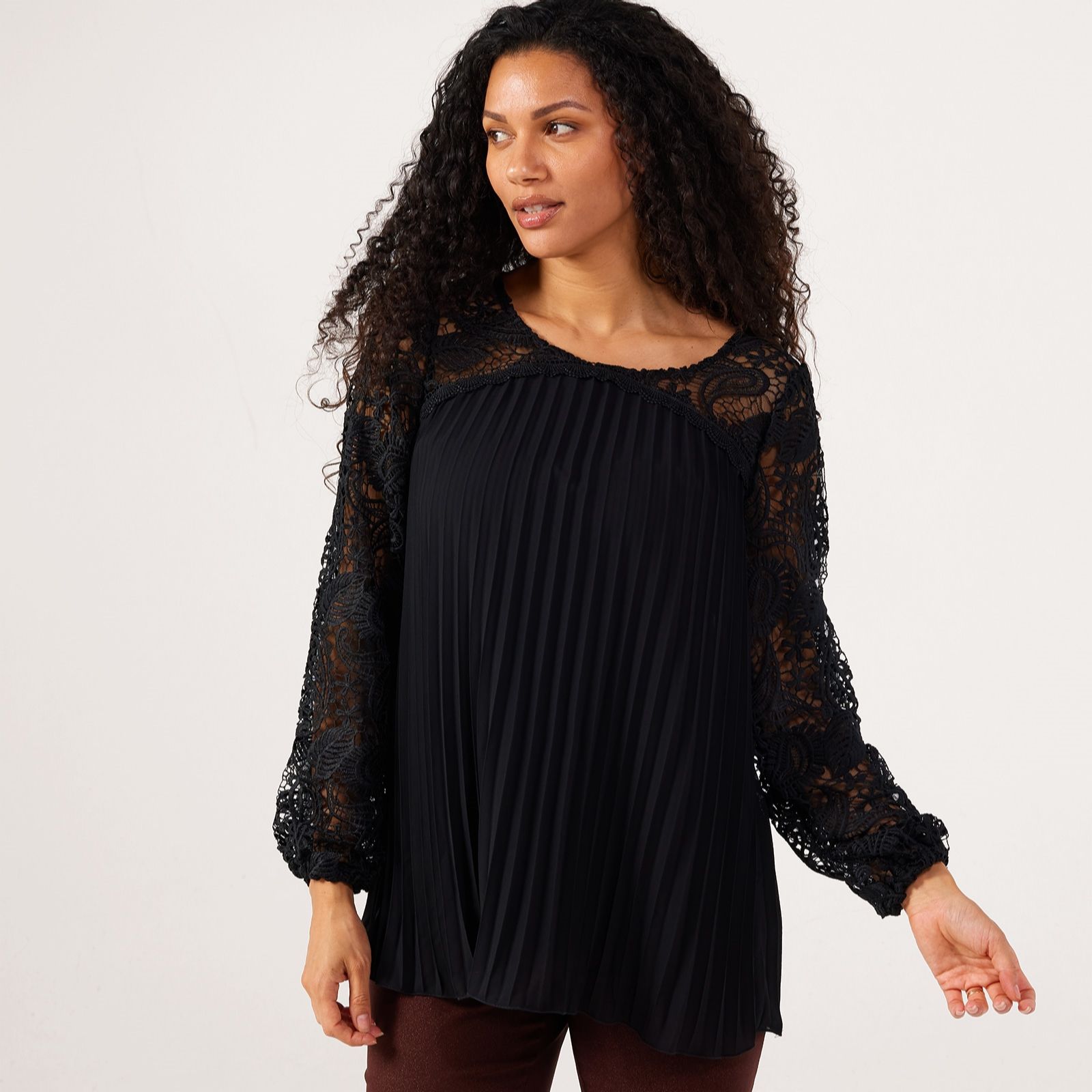 Nina Leonard Pleat Chiffon Tunic with Lace Yoke and Sleeves