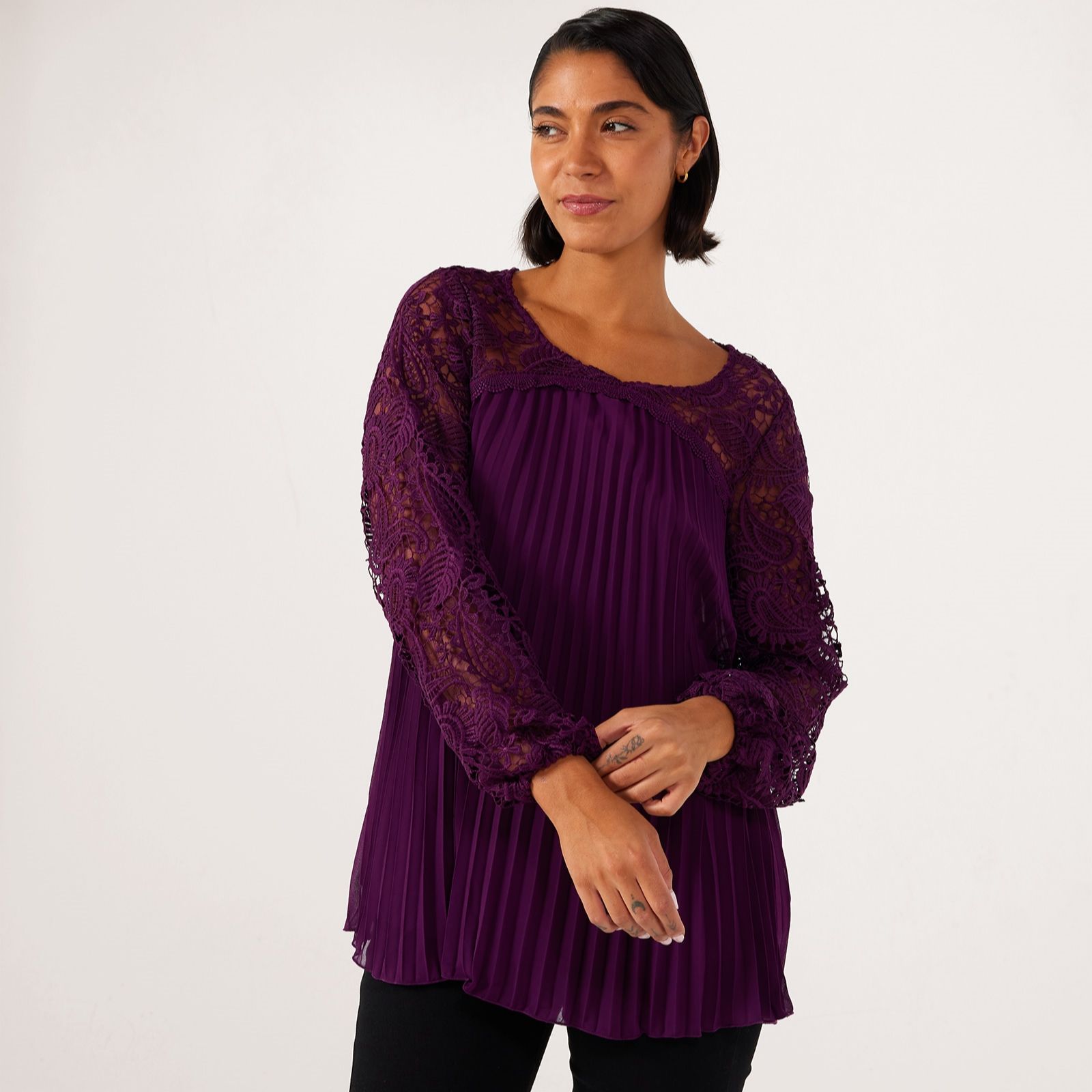 Nina Leonard Pleat Chiffon Tunic with Lace Yoke and Sleeves