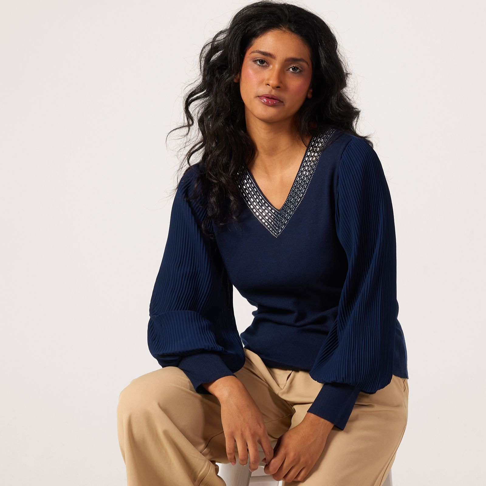 Frank Usher Embellished Knit Jumper with Chiffon Sleeves