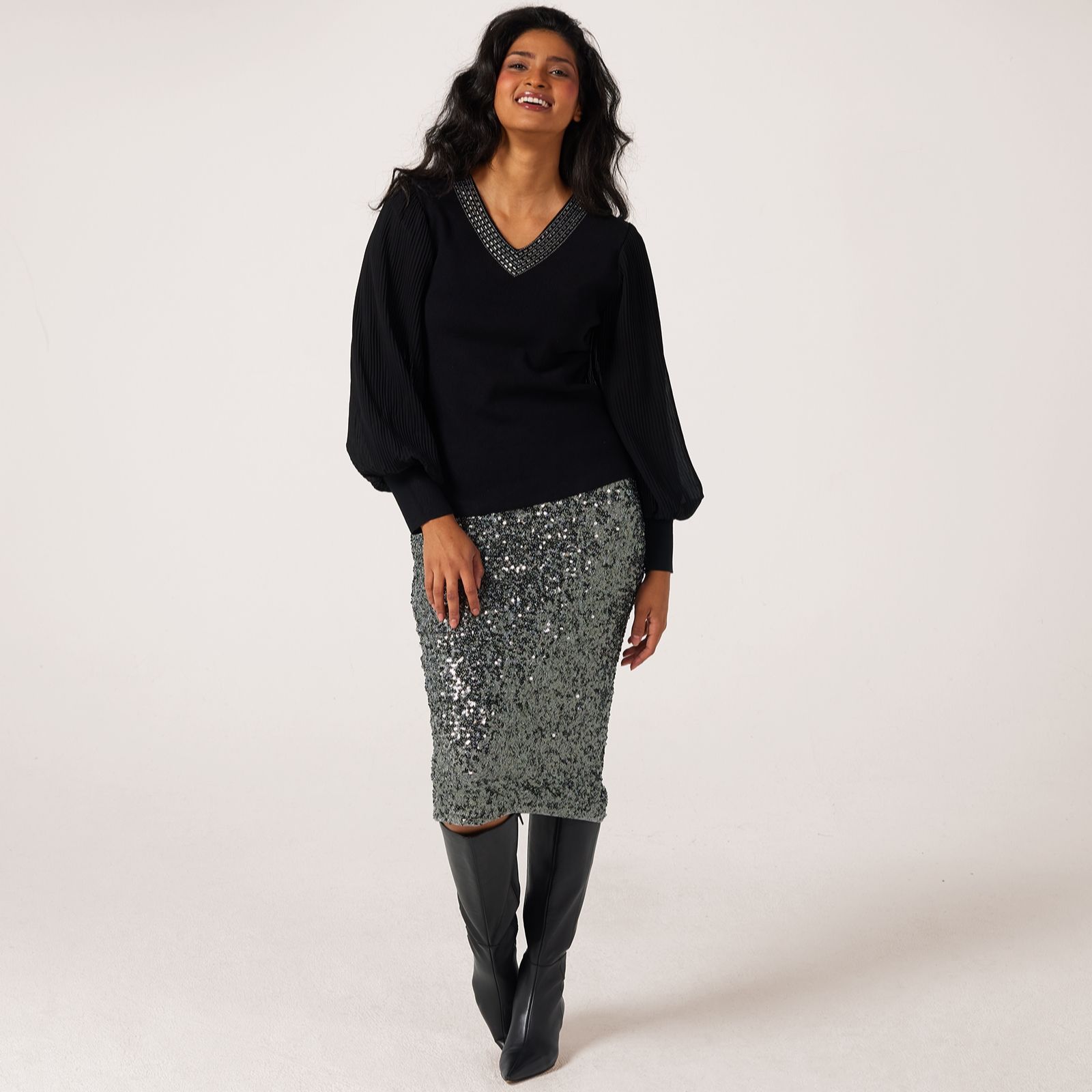 Frank Usher Embellished Knit Jumper with Chiffon Sleeves