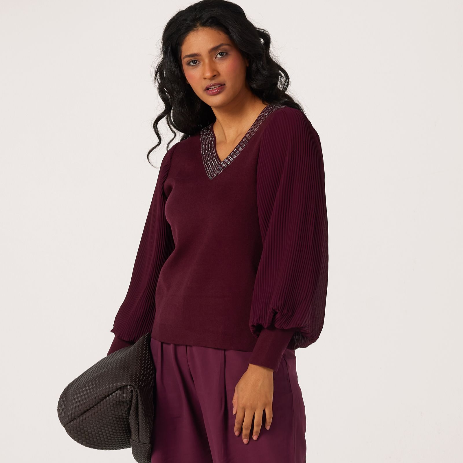 Frank Usher Embellished Knit Jumper with Chiffon Sleeves