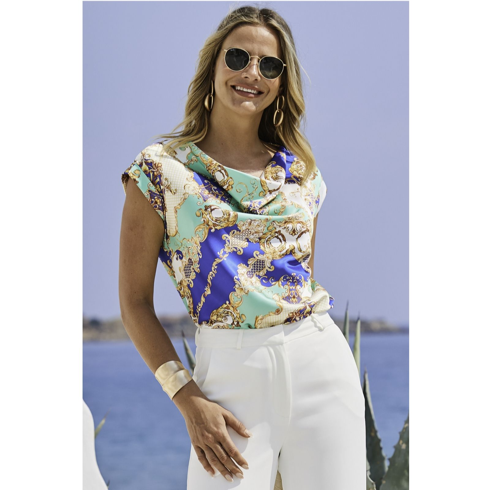 Sosandar Baroque Print Cowl Neck Top