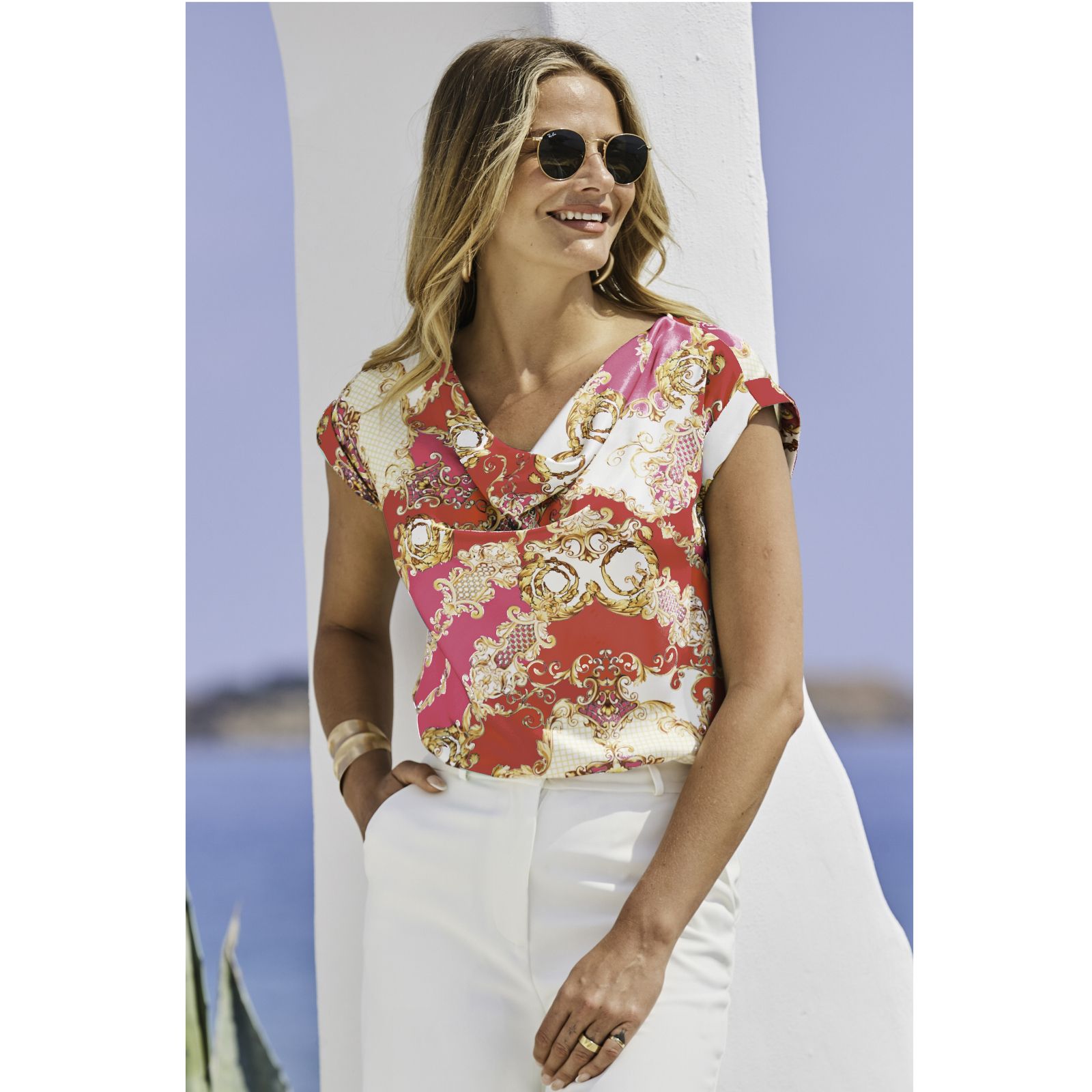 Sosandar Baroque Print Cowl Neck Top