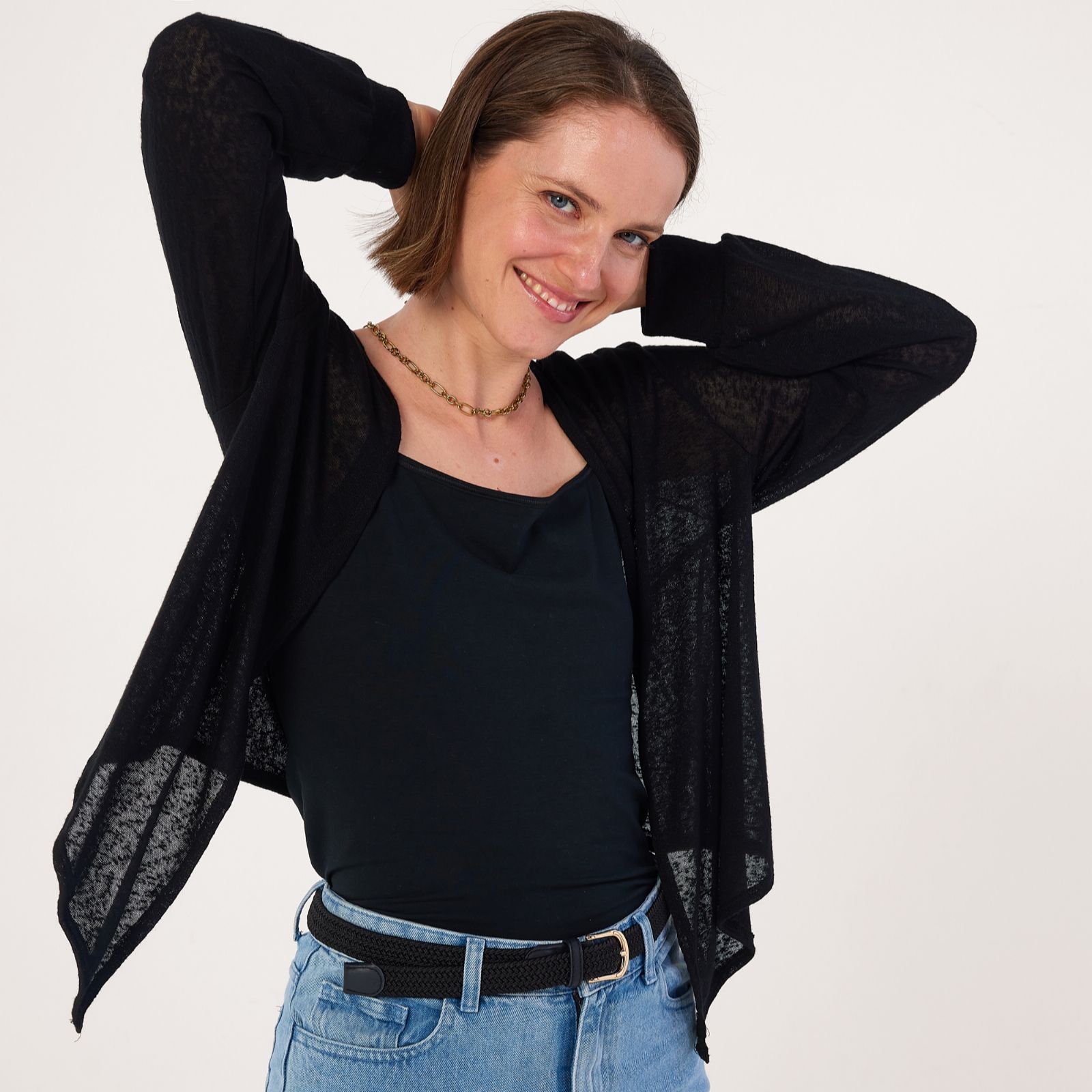 Kim & Co Linen Look Knit Blouson Sleeve Long Front Essential Bolero