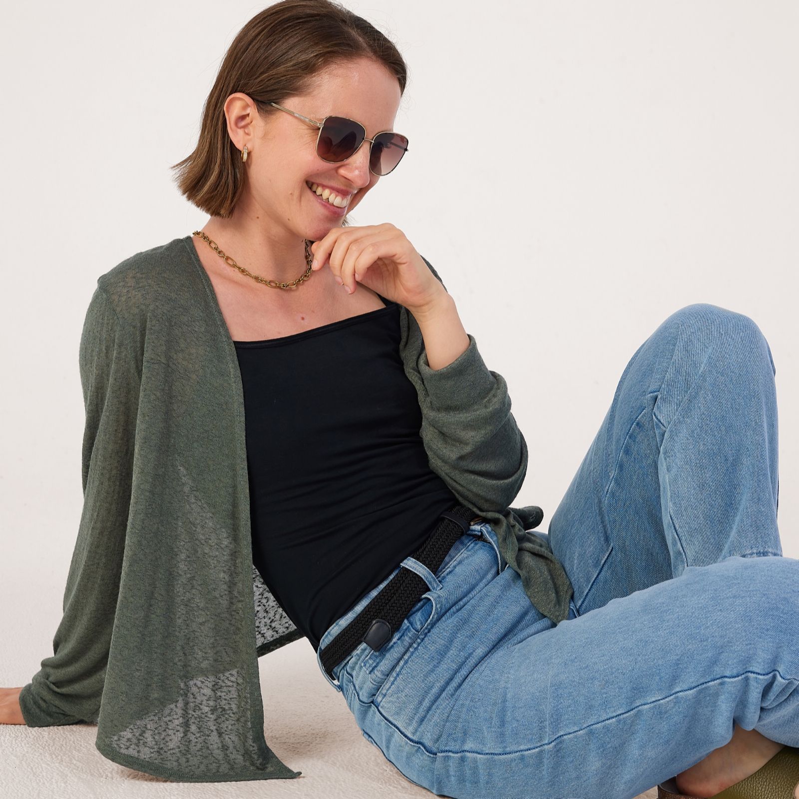 Kim & Co Linen Look Knit Blouson Sleeve Long Front Essential Bolero