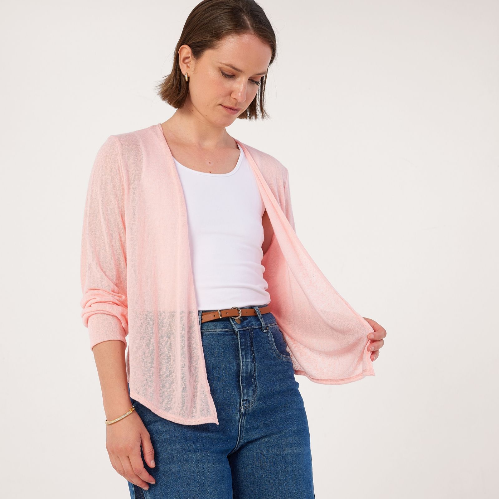 Kim & Co Linen Look Knit Blouson Sleeve Long Front Essential Bolero