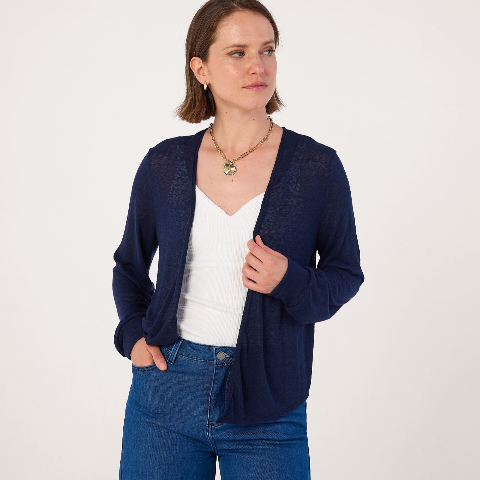Kim & Co Linen Look Knit Blouson Sleeve Long Front Essential Bolero