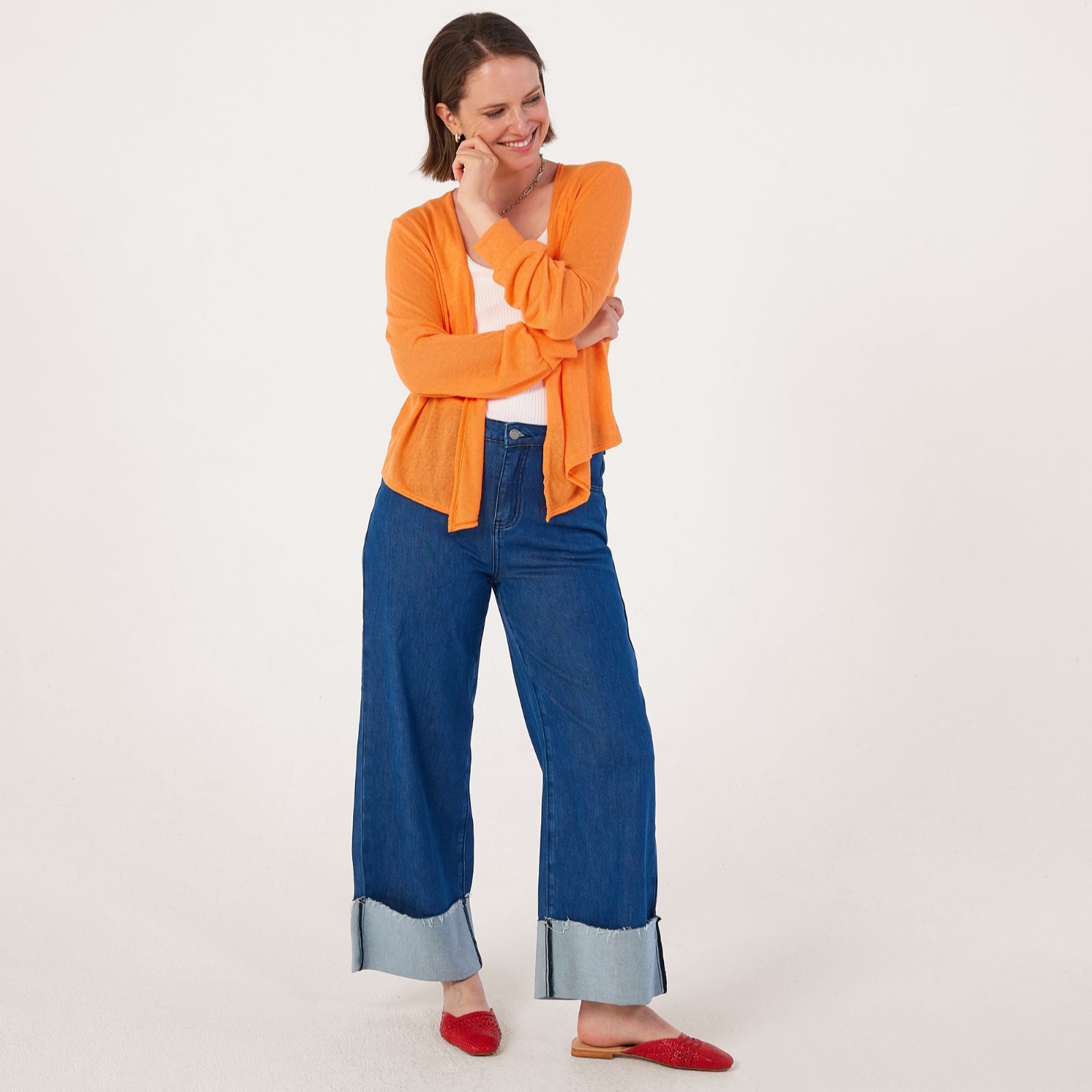 Kim & Co Linen Look Knit Blouson Sleeve Long Front Essential Bolero