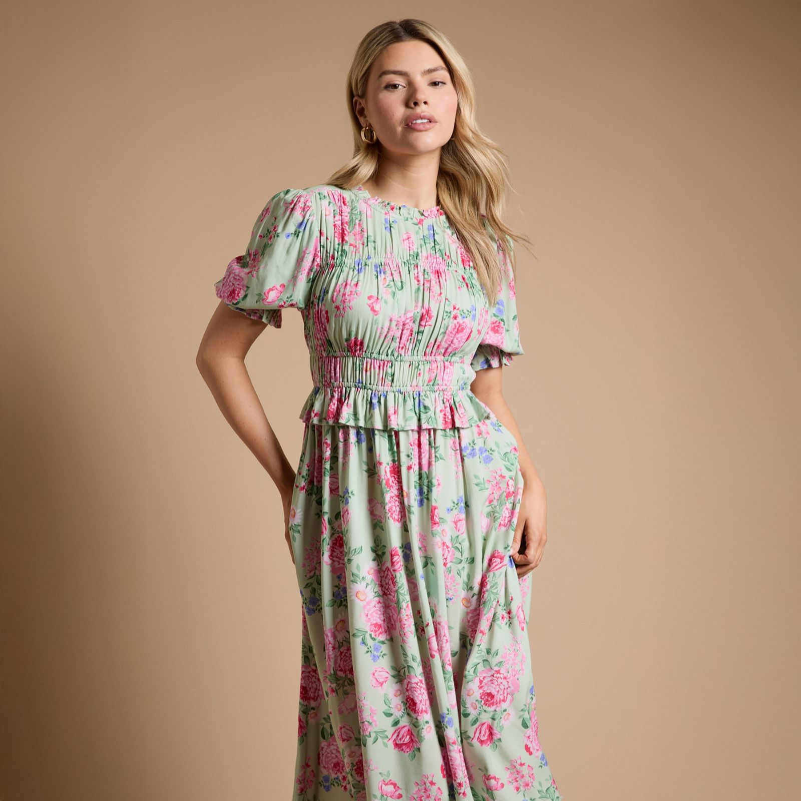 Dorothy Perkins Floral Shirred Bodice Puff Sleeve Midi Dress