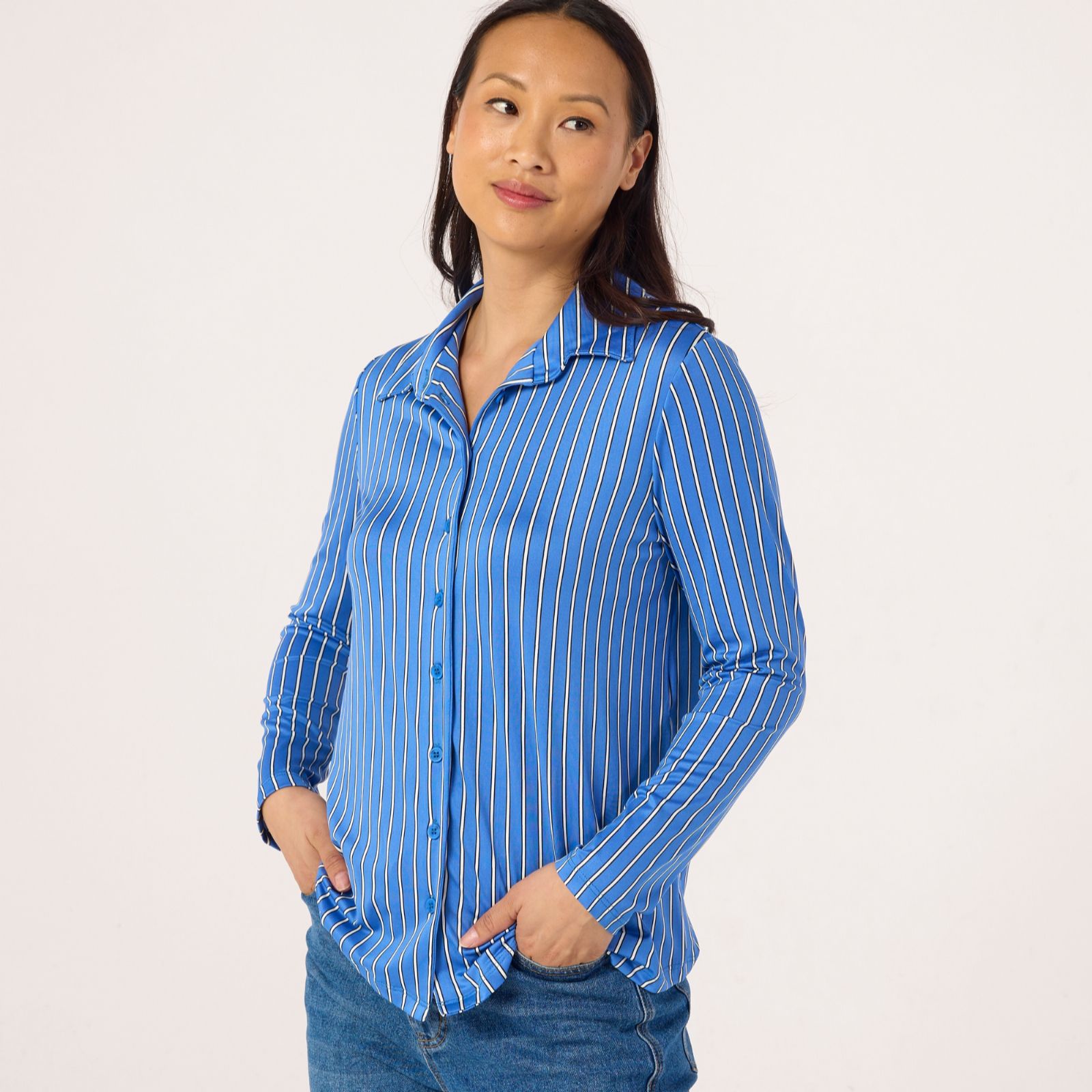 Kim & Co Brazil Jersey Striped Button Down Long Sleeve Shirt