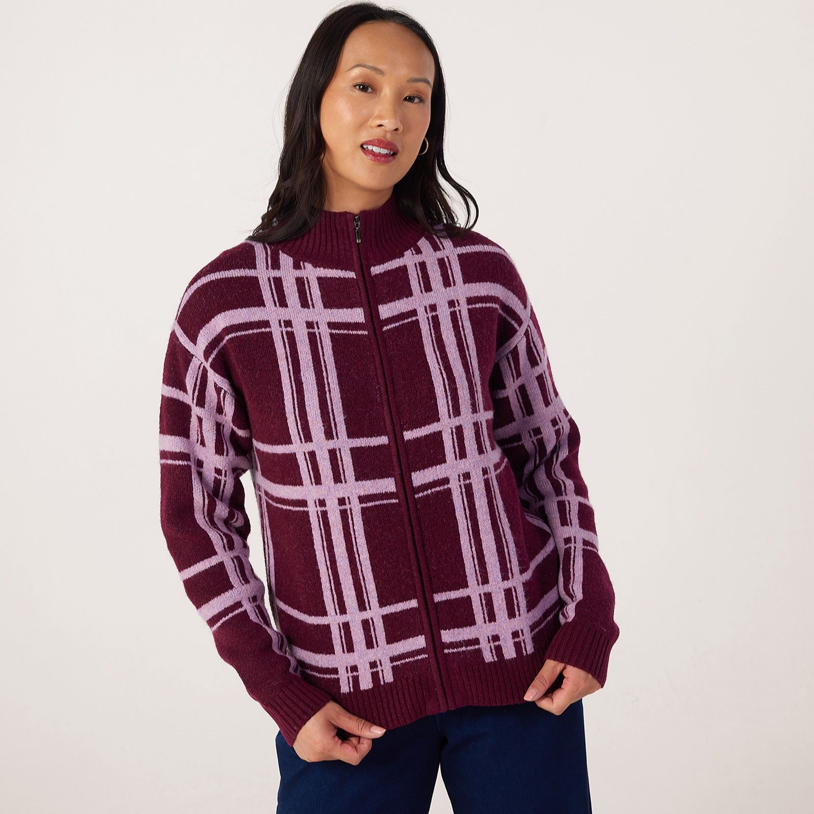Denim & Co. Knitted Check Zip Through Cardigan