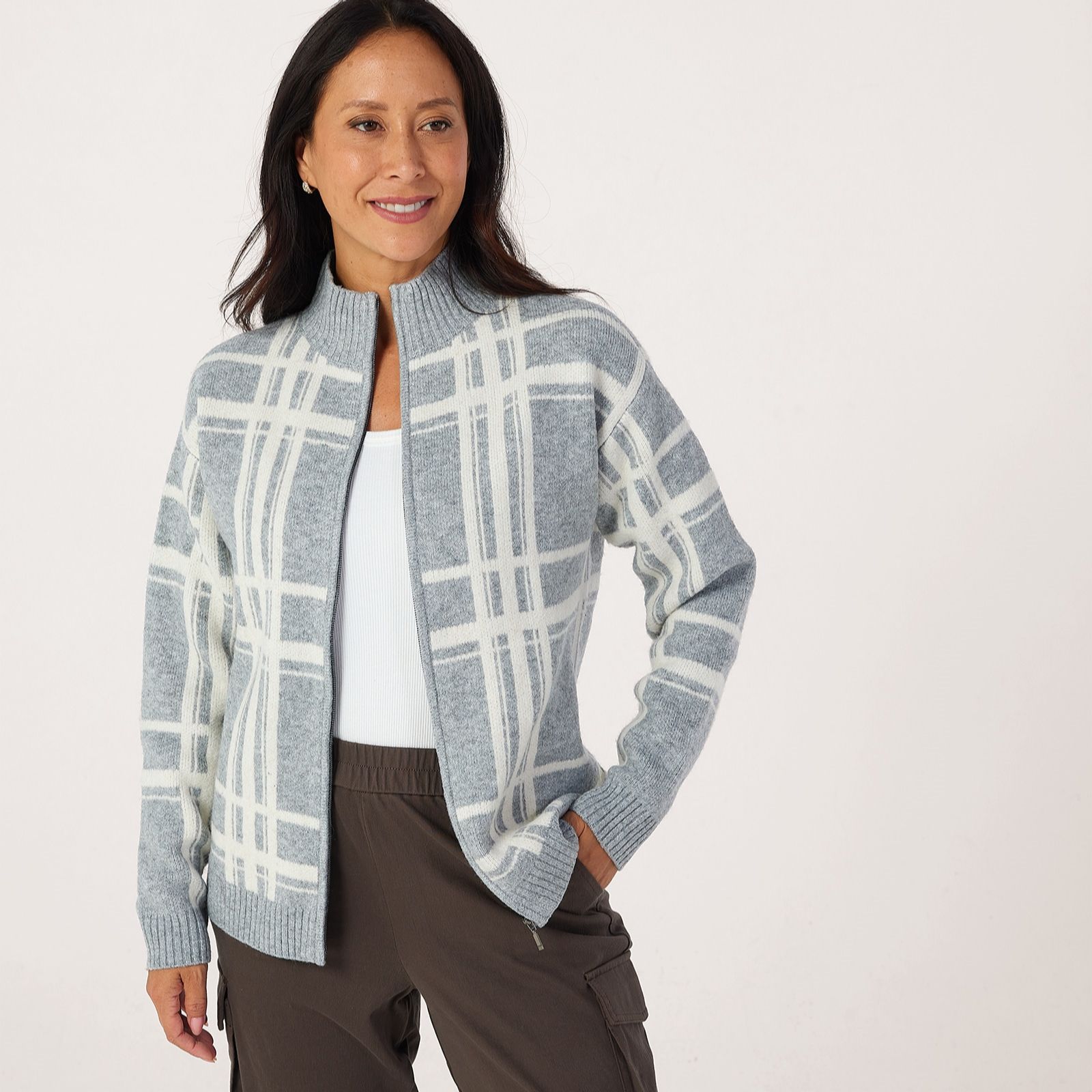 Denim & Co Knitted check Zip through Cardigan