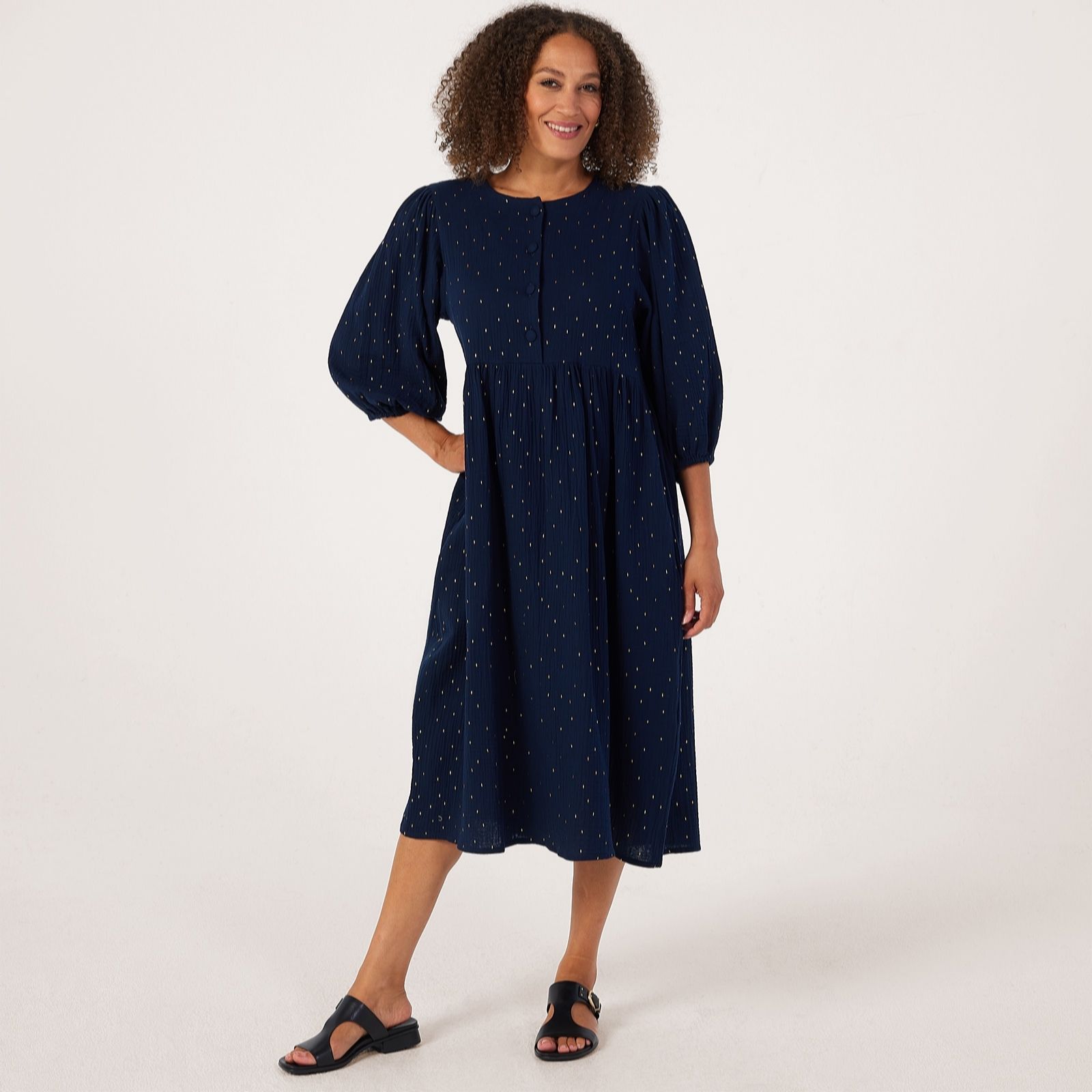 Helene Berman 100% Cotton Gold Lurex Embellished Cheese Cloth Dress