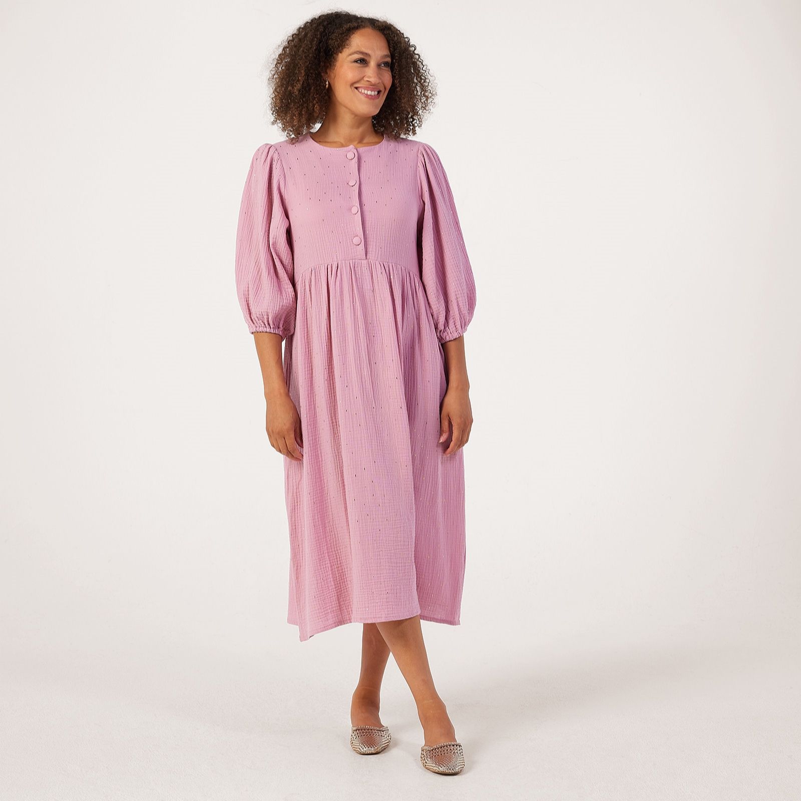 Helene Berman 100% Cotton Gold Lurex Embellished Cheese Cloth Dress