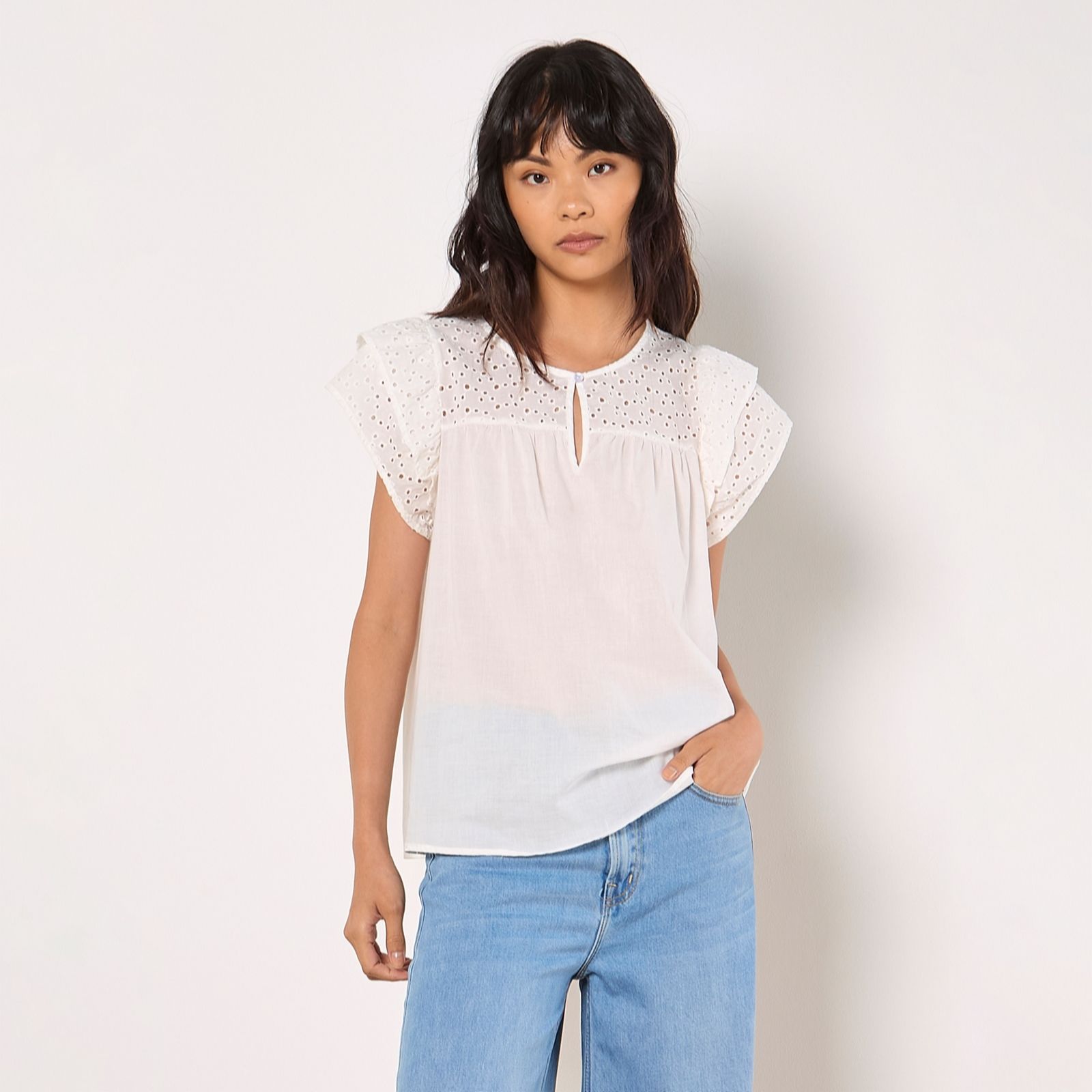 Apricot Broderie Yoke Cotton Mix Top