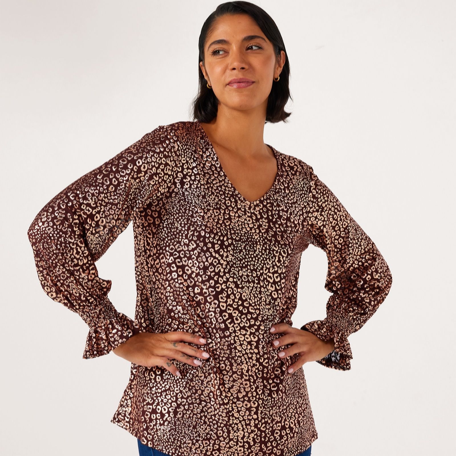Nina Leonard Foil Print Tunic with Smocked Sleeves