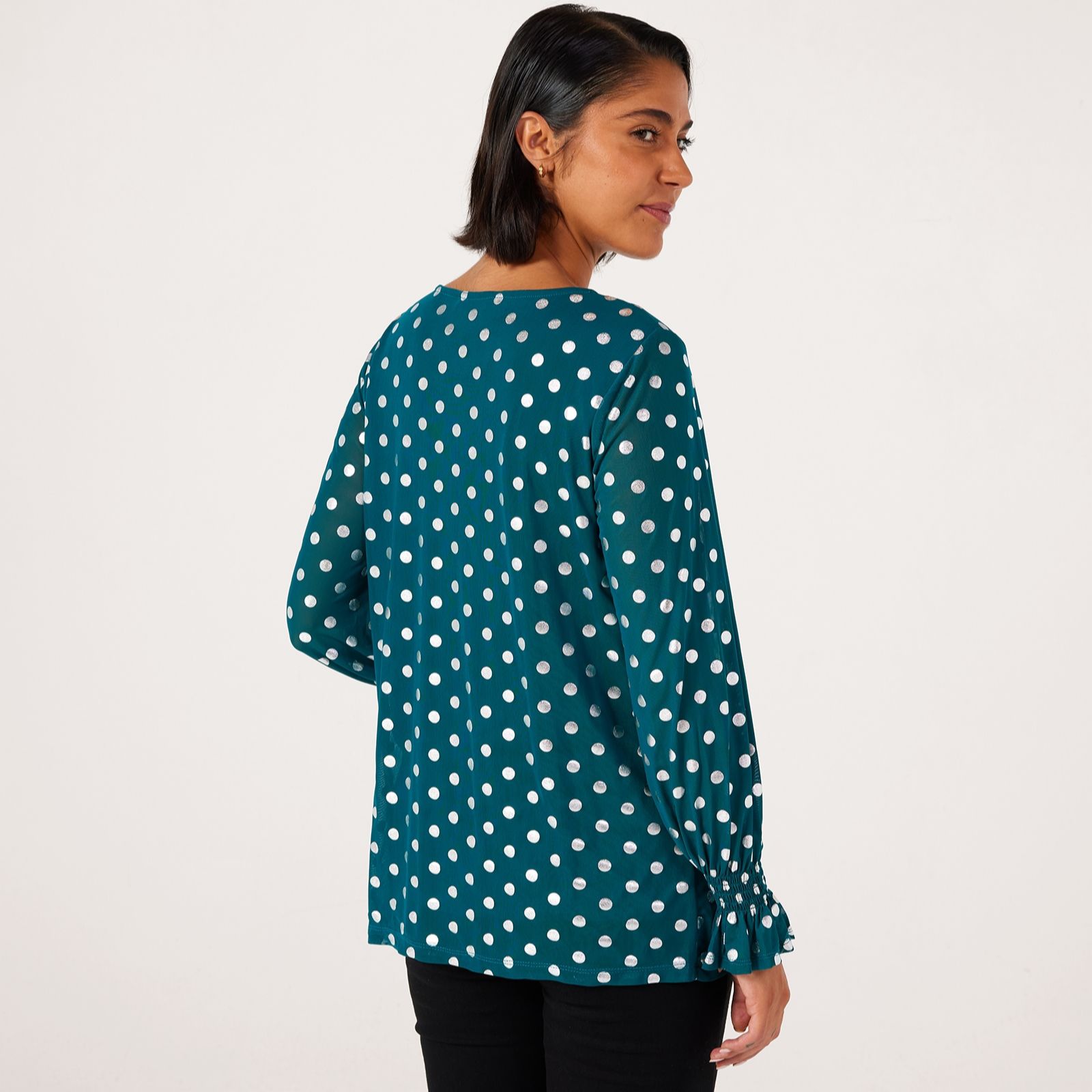 Nina Leonard Foil Print Tunic with Smocked Sleeves - QVC UK